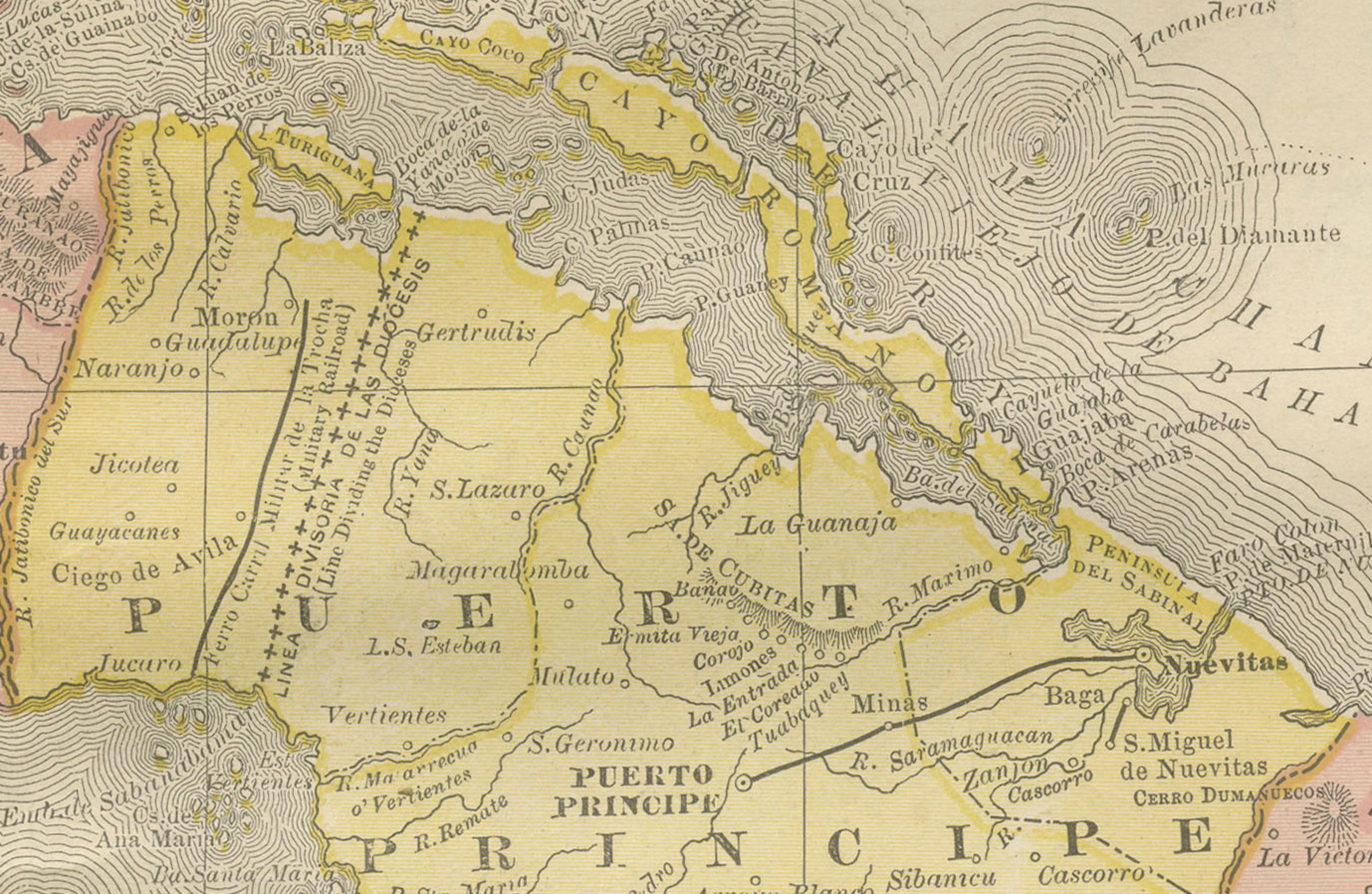 Cuba Antique Railroad Map c.1888 – The Pearl of the Antilles, Towns In Good Condition For Sale In Langweer, NL