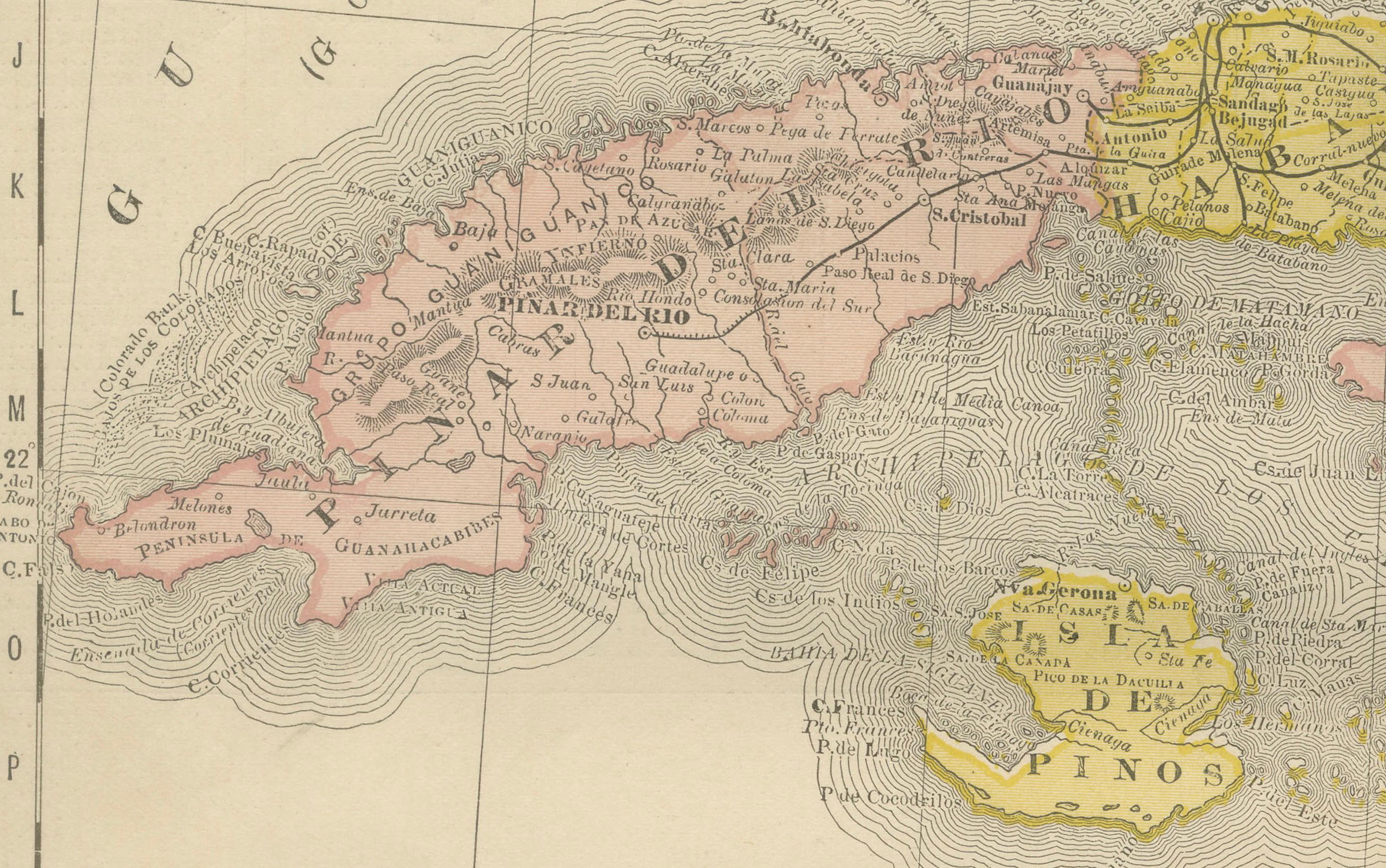 Paper Cuba Antique Railroad Map c.1888 – The Pearl of the Antilles, Towns For Sale