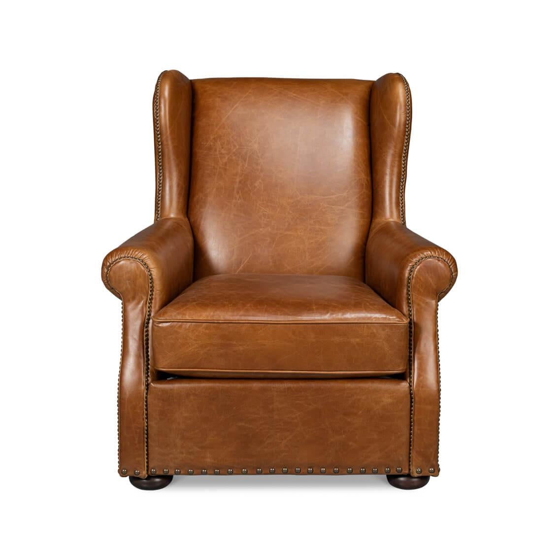 Featuring a high back design for ultimate support and rolled arms with intricate pleating detail, inviting you to a world of comfort with just one look. Wrapped in Cuba Brown leather, its deep color is the epitome of luxury, bound to add a touch of
