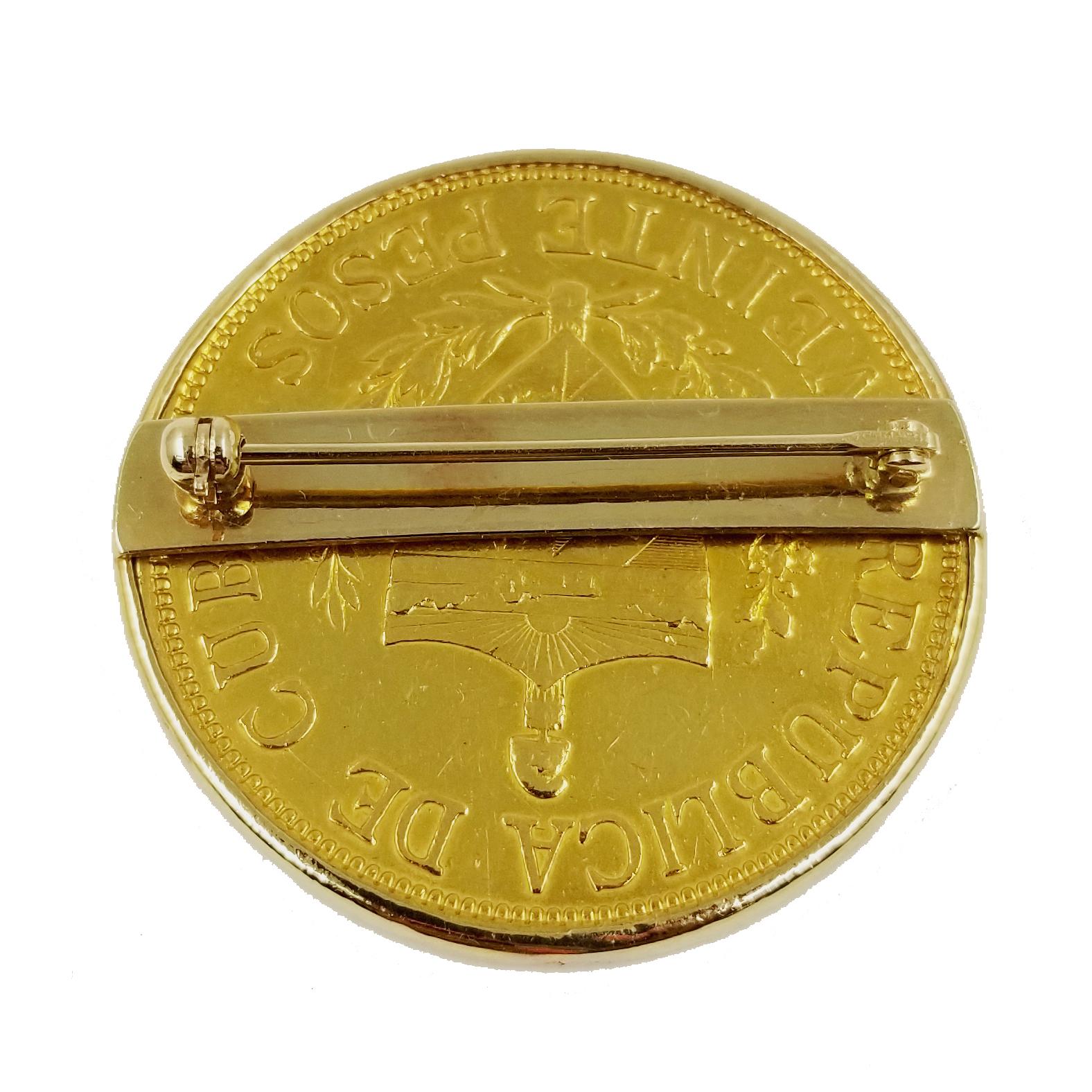 22 Karat Yellow Gold Cuban Veinte (20) Pesos Coin from 1915 Set in an 14 Karat Yellow Gold Bezel Frame. Pin & Catch Centered Across Back. Finished Weight is 36.3 Grams.