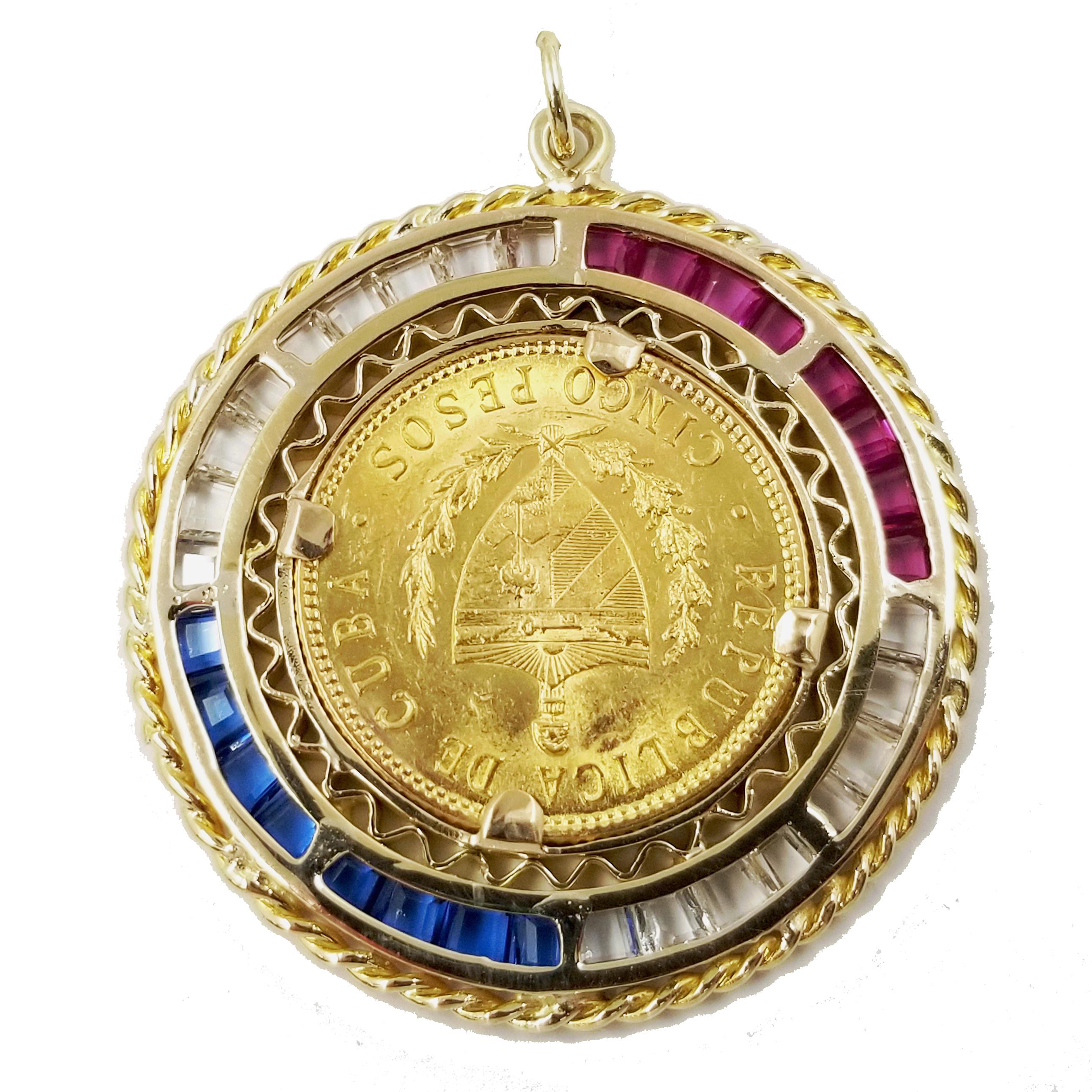 22 Karat Yellow Gold Cuban 5 Peso Coin from 1916 Set in an 18 Karat Yellow Gold Frame with Specialty Cut Synthetic Sapphires. Rope Design on Exterior.  Finished Weight is 17.3 Grams.