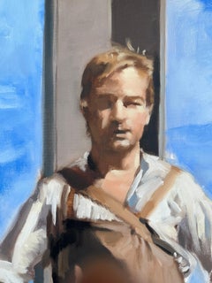 Cuban-American Artist Geiler Gonzalez Painting on Canvas "Man on NYC Beam"