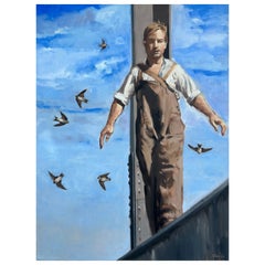 Cuban-American Artist Geiler Gonzalez Painting on Canvas "Man on NYC Beam"