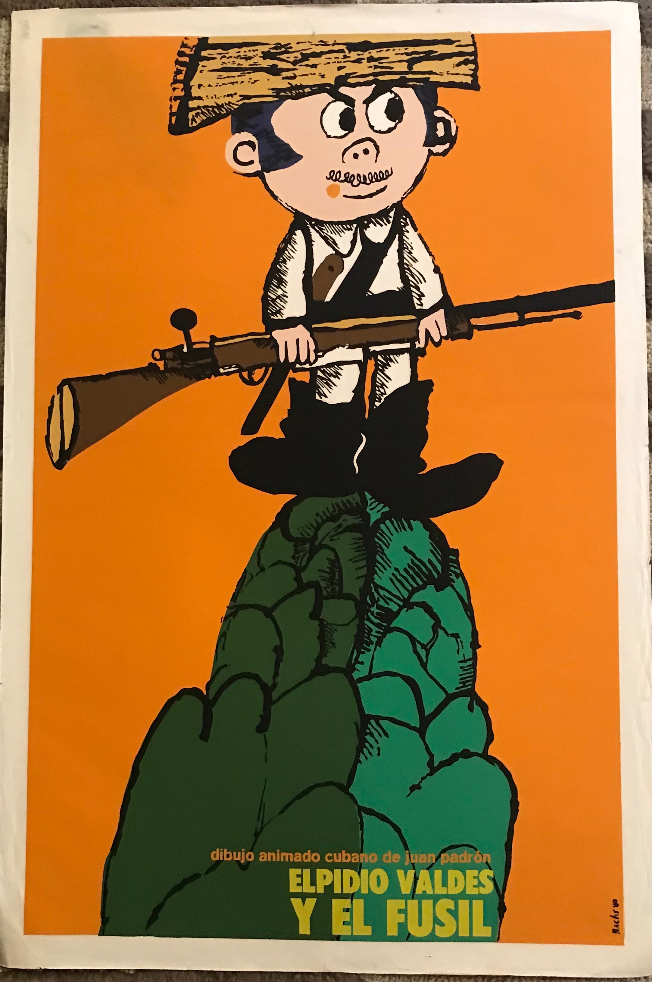 1980 Cuban vintage silkscreen poster for the animated movie from Juan Padron  “Elpidio Valdes y el Fusil” designed by Bachs for ICAIC.  The short propaganda movie is about an  imaginary story of a Mambi (Cuban revolutionary during the War of