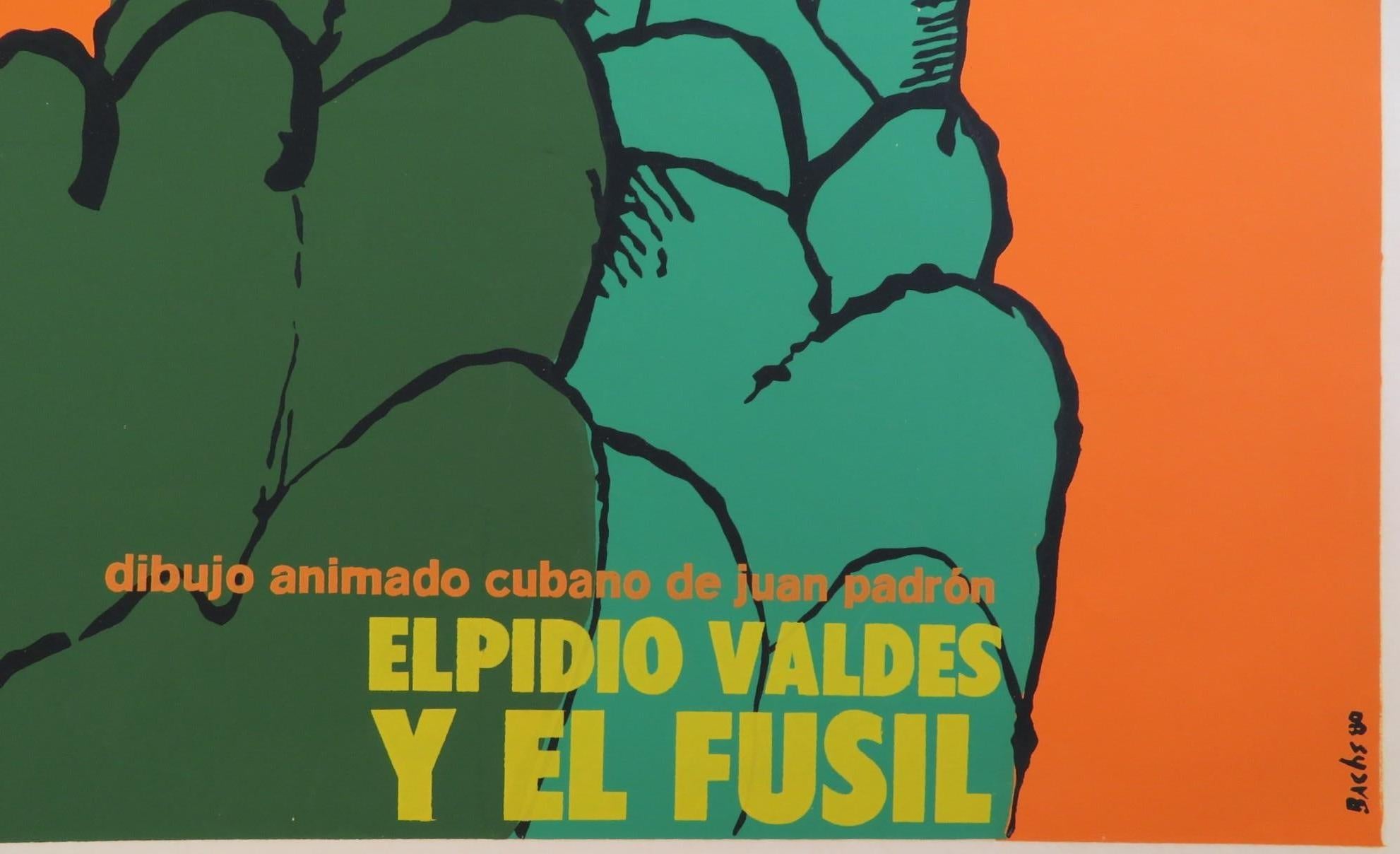 Kubanisches Trickfilmplakat Juan Padron -Elpidio Valdes y el Fusil- von Bachs 1980 (Papier) im Angebot