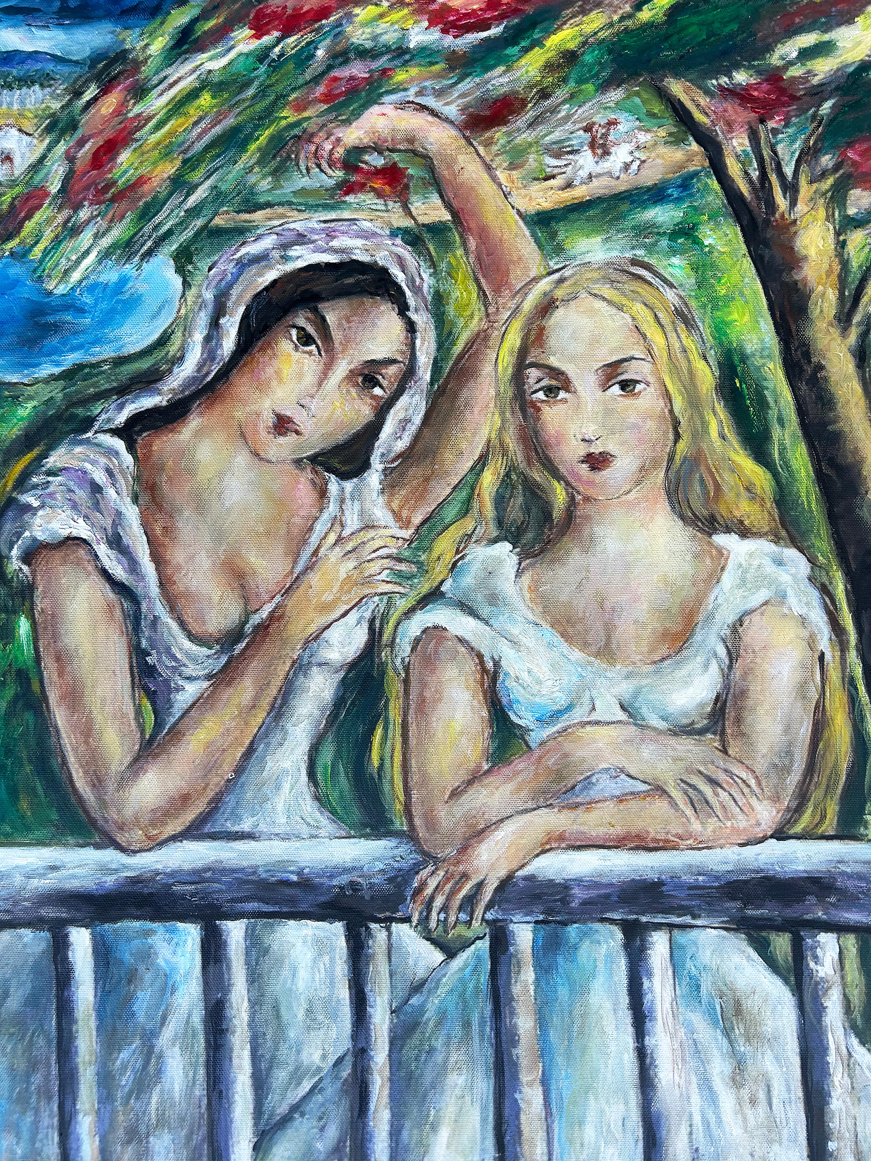 Cuban Artist Victor Manuel Oil Painting of Two Women on a Balcony 

Offered for sale is an oil on canvas painting by the Cuban artist Victor Manuel Garcia Valdés depicting two ladies on a balcony with the landscape in the background. 
The painting