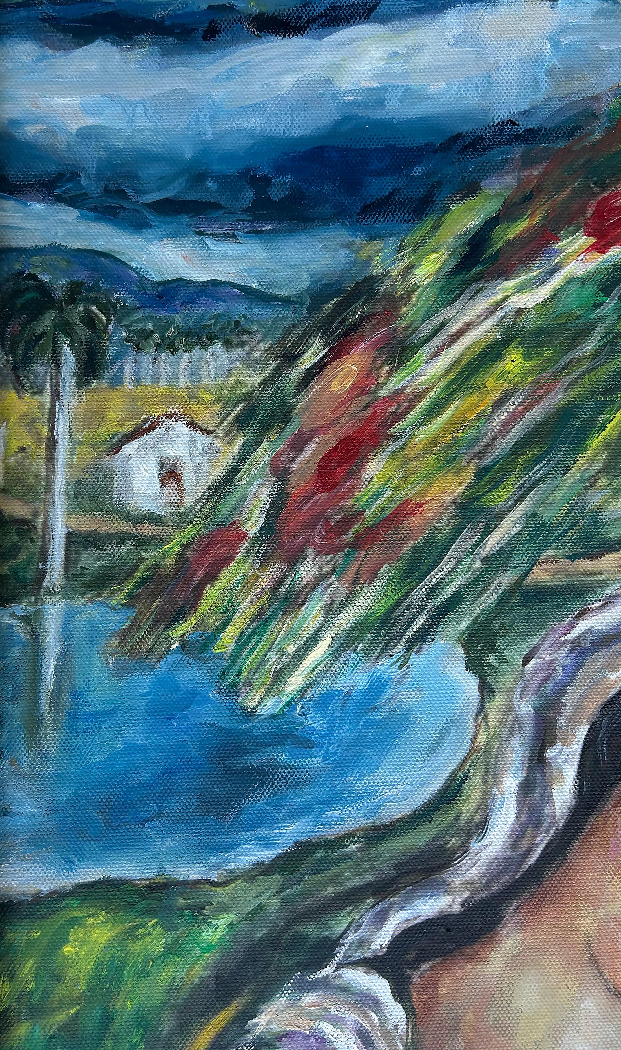 Mid-Century Modern Cuban Artist Victor Manuel Oil Painting of Two Women on a Balcony For Sale