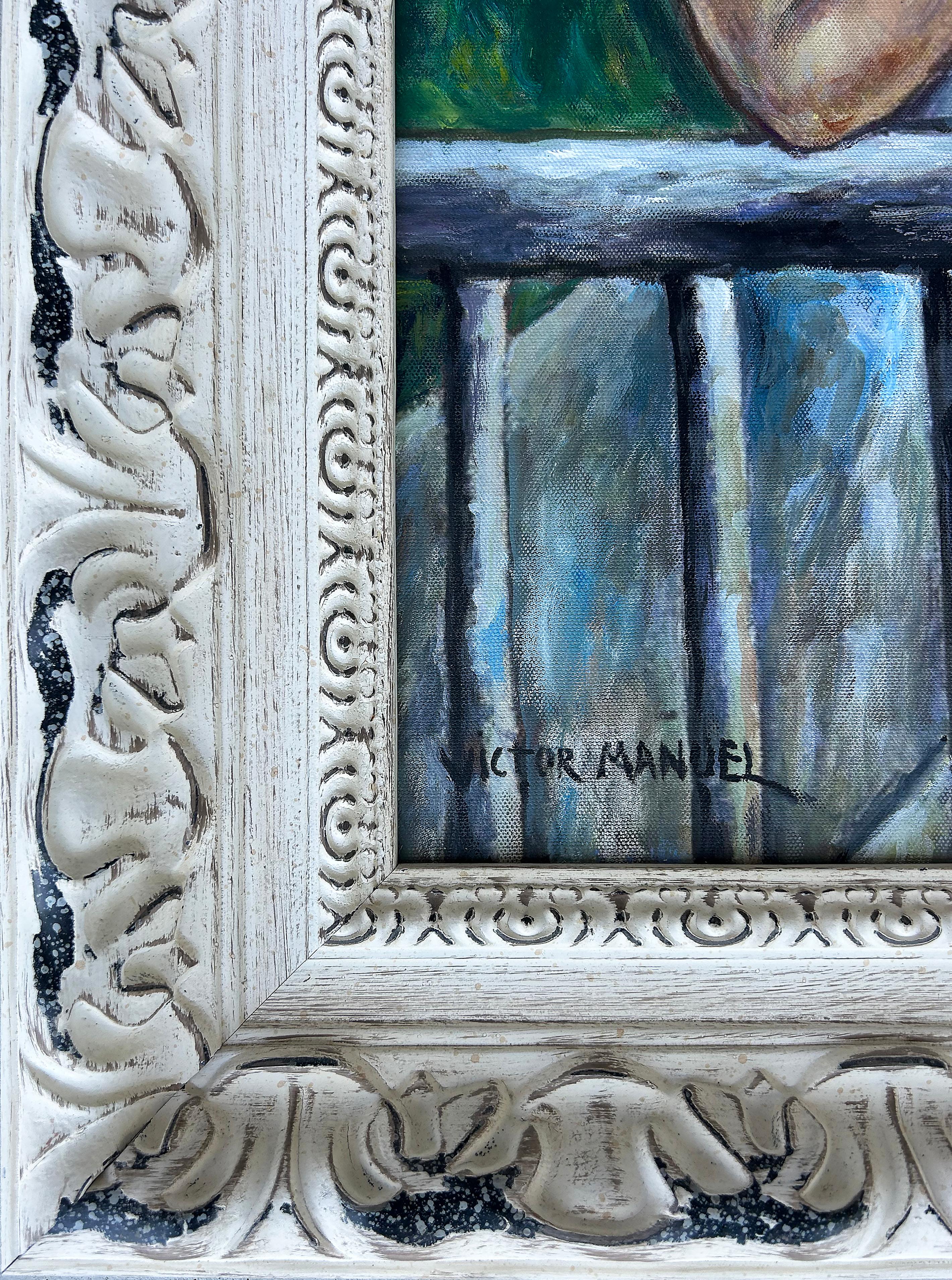 Hand-Painted Cuban Artist Victor Manuel Oil Painting of Two Women on a Balcony For Sale