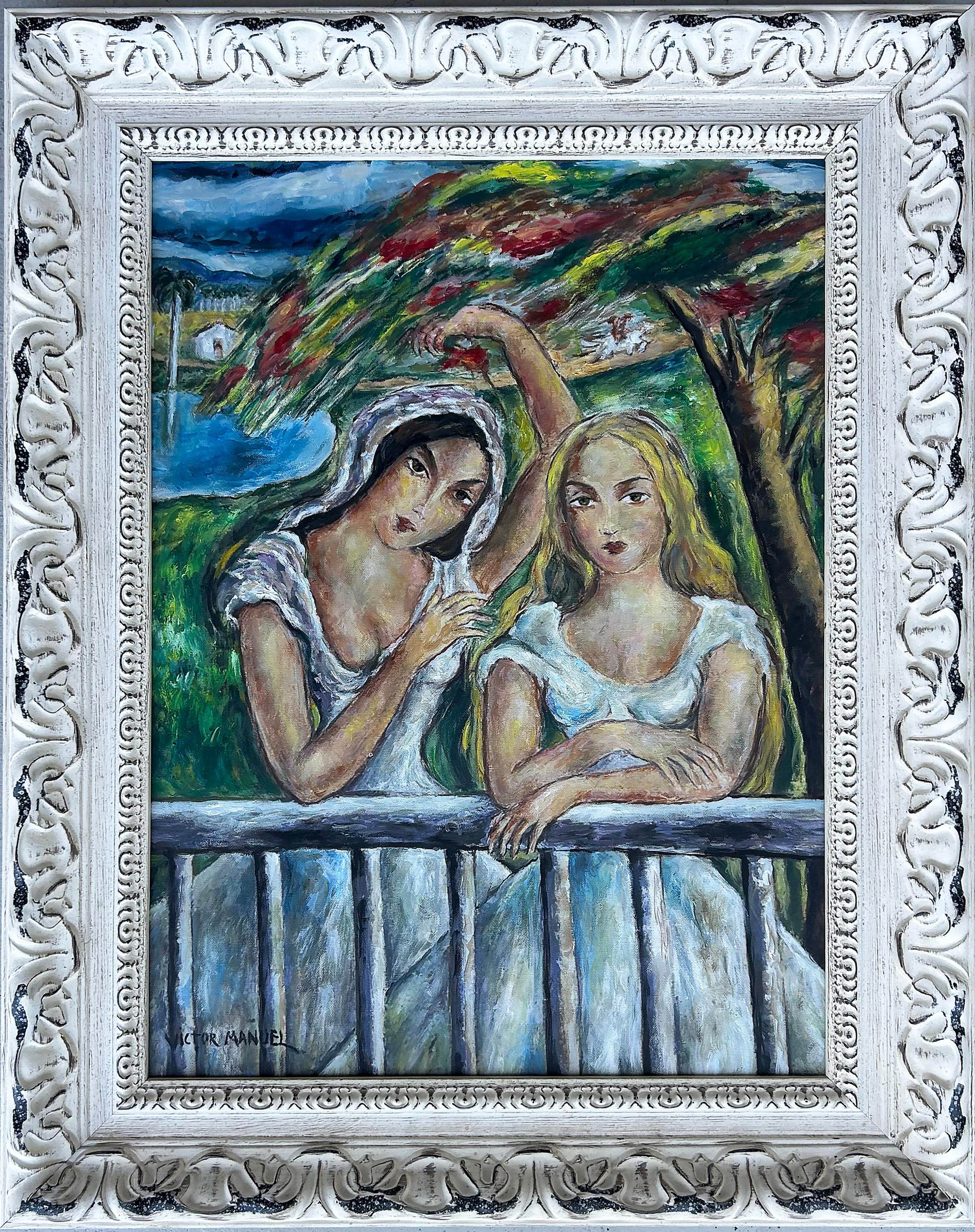 Cuban Artist Victor Manuel Oil Painting of Two Women on a Balcony In Good Condition For Sale In Miami, FL