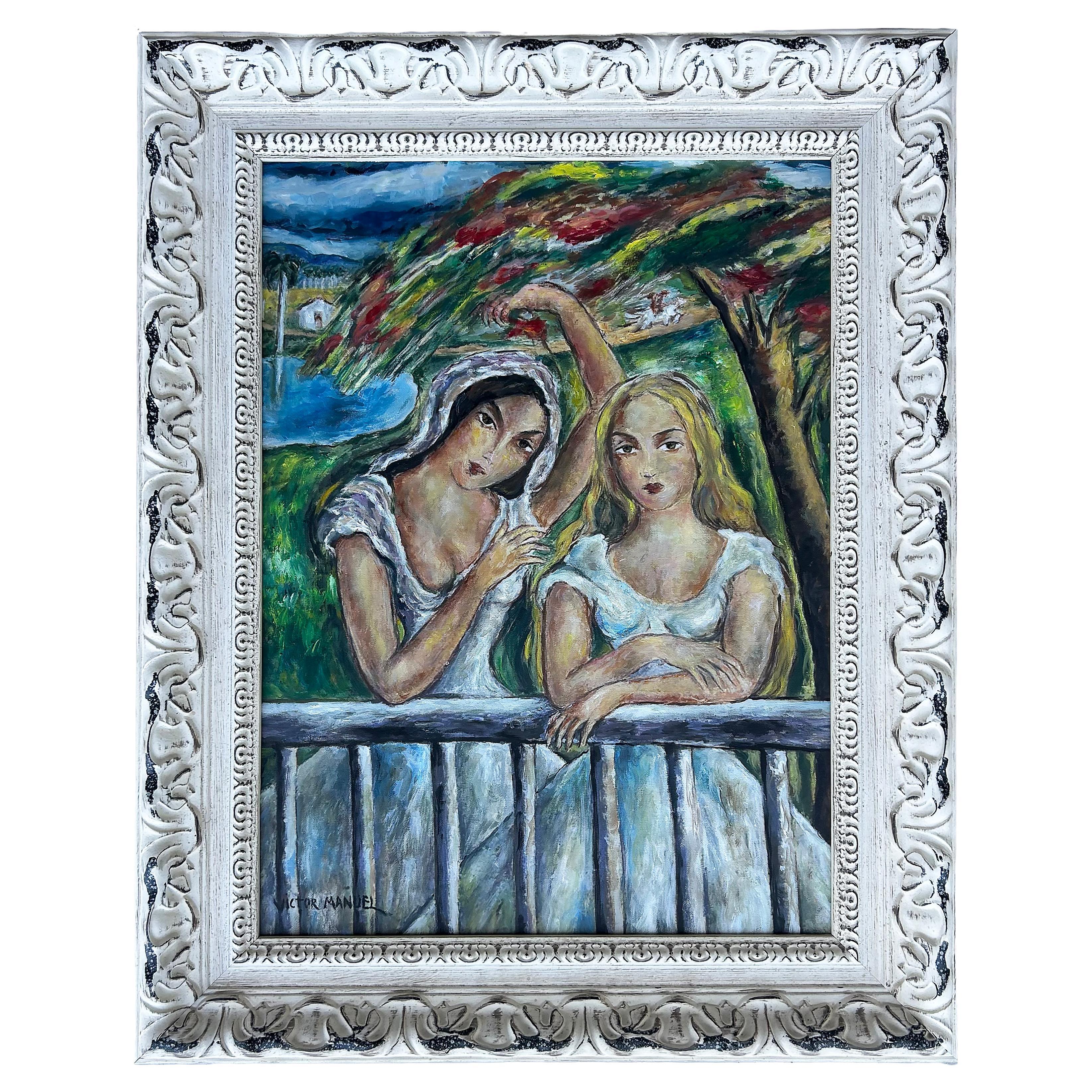 Cuban Artist Victor Manuel Oil Painting of Two Women on a Balcony