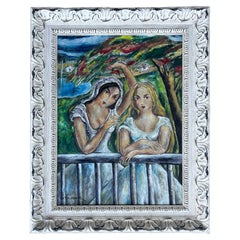 Cuban Artist Victor Manuel Oil Painting of Two Women on a Balcony