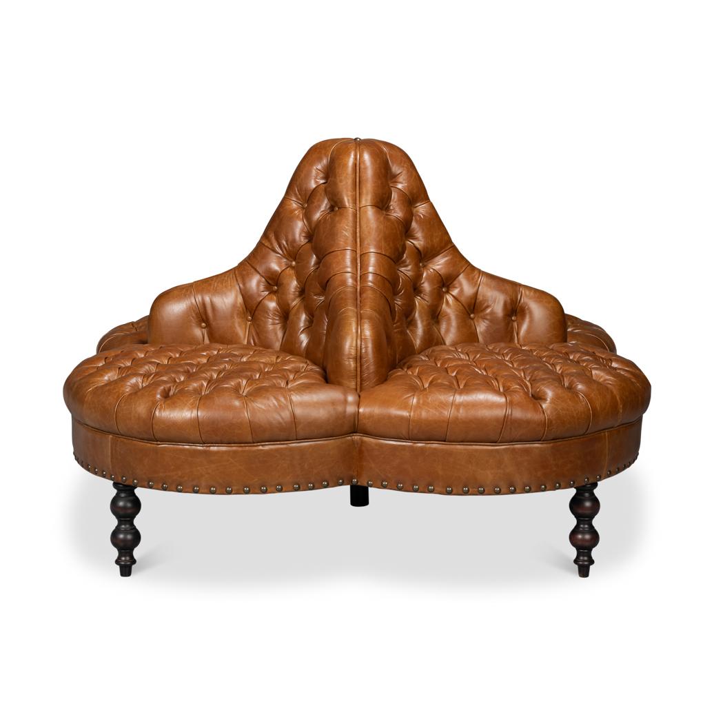 Ideal for a large lobby or foyer. With vintage style Cuba brown tufted leather upholstered backrests and seats, raised on turned mahogany feet and finished with brass nailhead trim. 

Dimensions: 57