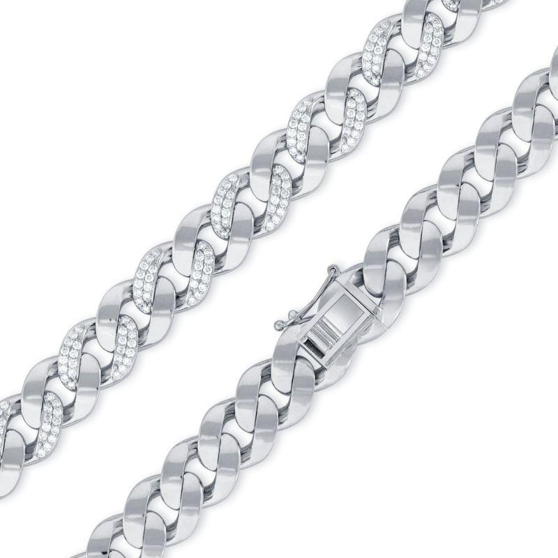 Cuban Chain Diamond Necklace in 18K White Gold

3.88 Cts. of Diamond, G-H Color, VS-SI Clarity 
59.22 Grams of 18K White Gold
Length 16 Inches
Available in other color option: 18K Yellow Gold

No two products are exactly same, therefore weights are