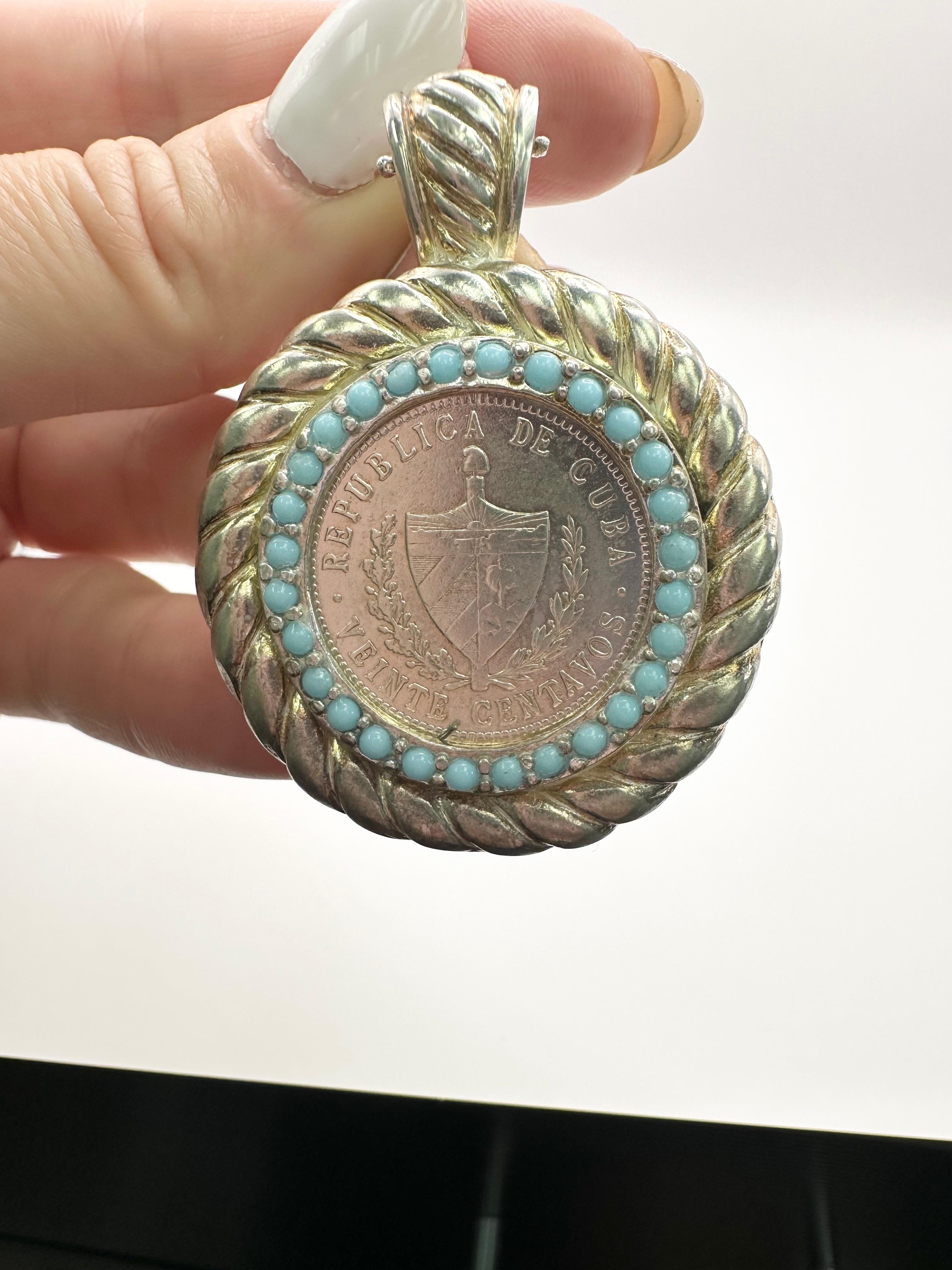 Cuban Coin pendant SS large coin pendant turquoise pendant  In Excellent Condition For Sale In Boca Raton, FL