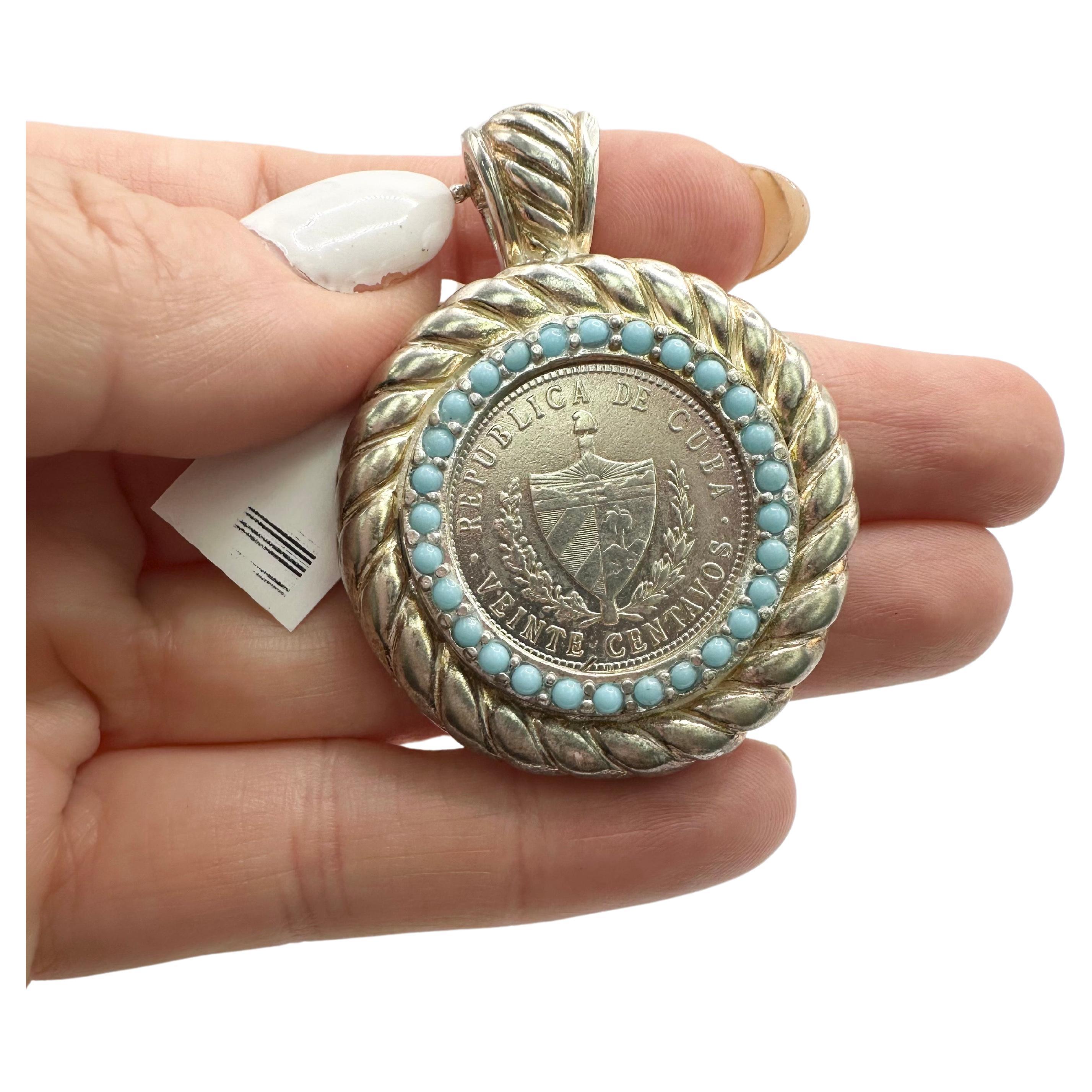 Cuban Coin pendant SS large coin pendant turquoise pendant  For Sale