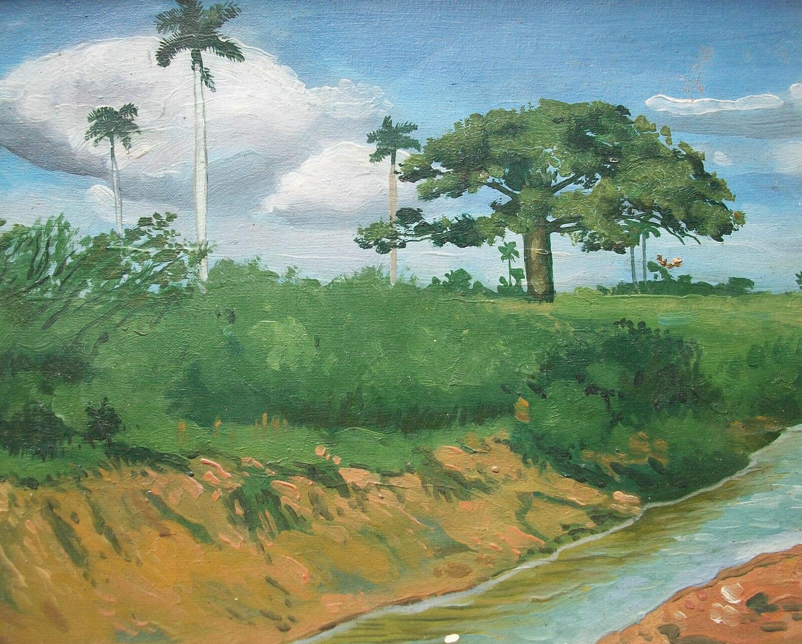 Cuban contemporary landscape oil painting on canvas applied to particle board - unsigned - untitled - wood frame - bearing a numbered official seal of the Ministry of Culture of Cuba - verso - late 20th century.

Good condition - minor pigment loss