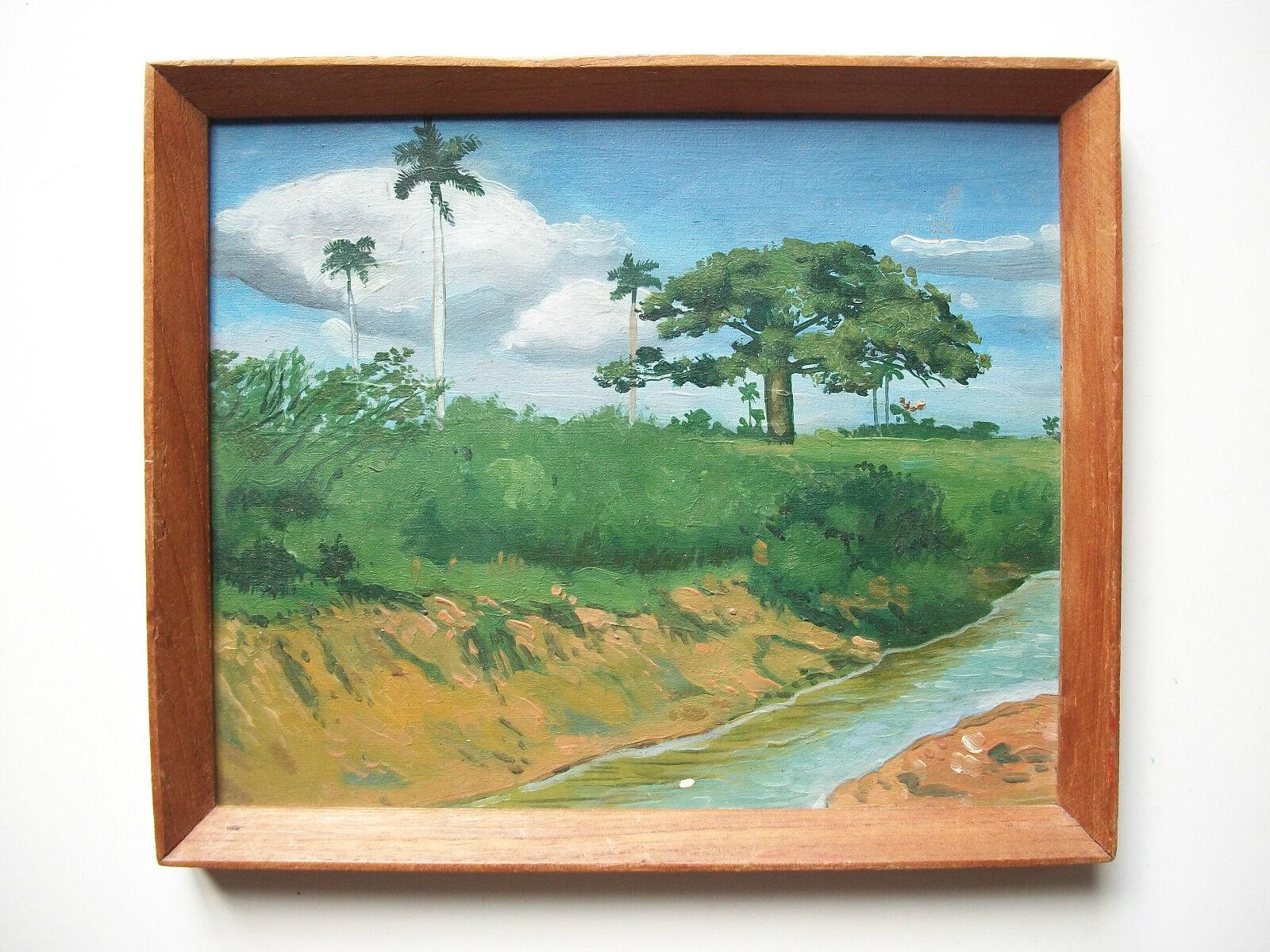 Folk Art Cuban Contemporary Landscape Oil Painting on Canvas - Unsigned - Late 20th C. For Sale