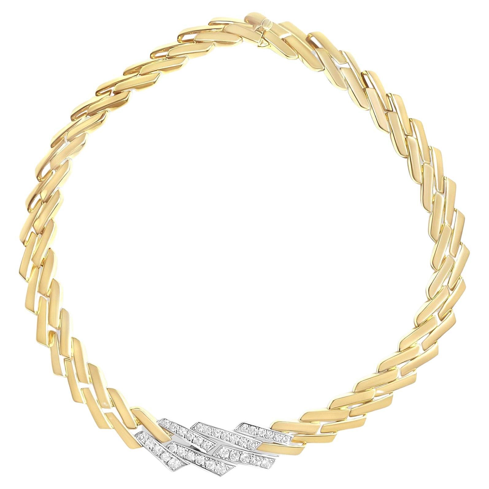 Chaîne collier cubain à maillons courbes avec diamants de 2,75 carats et or jaune 14 carats en vente