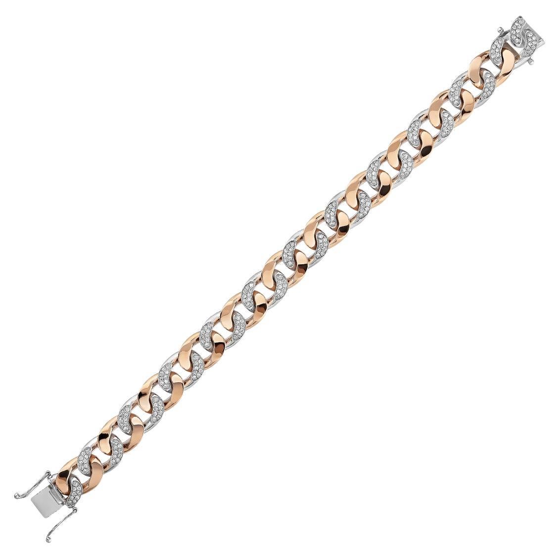 Cuban Diamond Bracelet in White and Rose 18K Gold, Handcrafted in New York For Sale