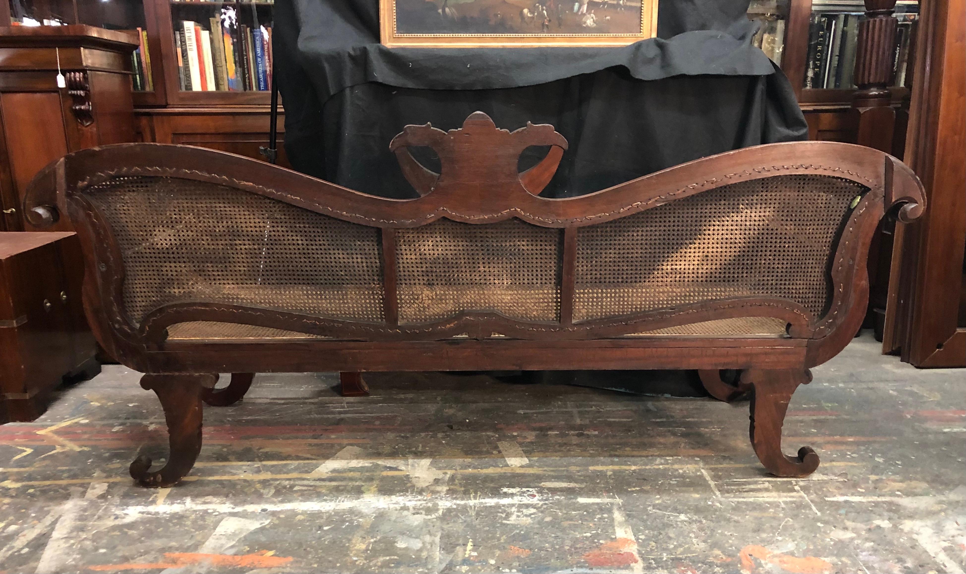 Cuban Empire Carved Mahogany Hand Caned Sofa / Settee, Early 19th Century For Sale 1