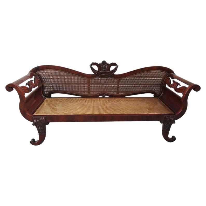 Cuban Empire Carved Mahogany Hand Caned Sofa / Settee, Early 19th Century