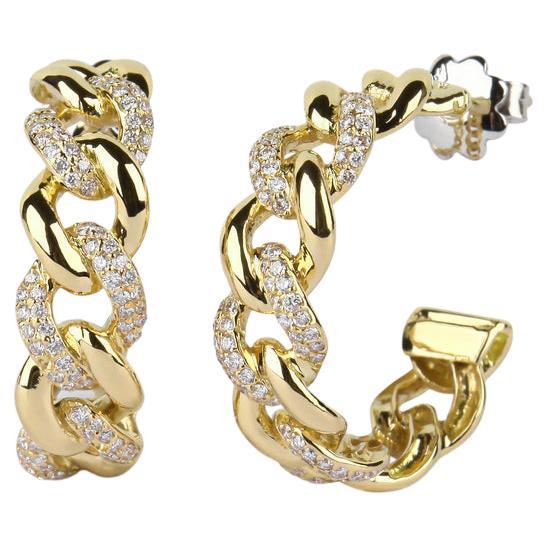 Cuban Link Chain Hoop Earrings in 18K Yellow Gold For Sale