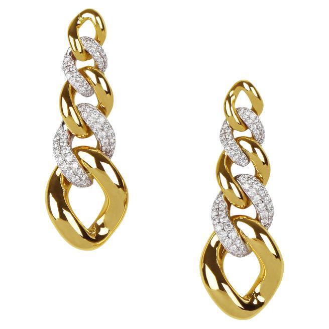 Cuban Link Drop Diamond Chain Earrings in 18K Yellow Gold For Sale