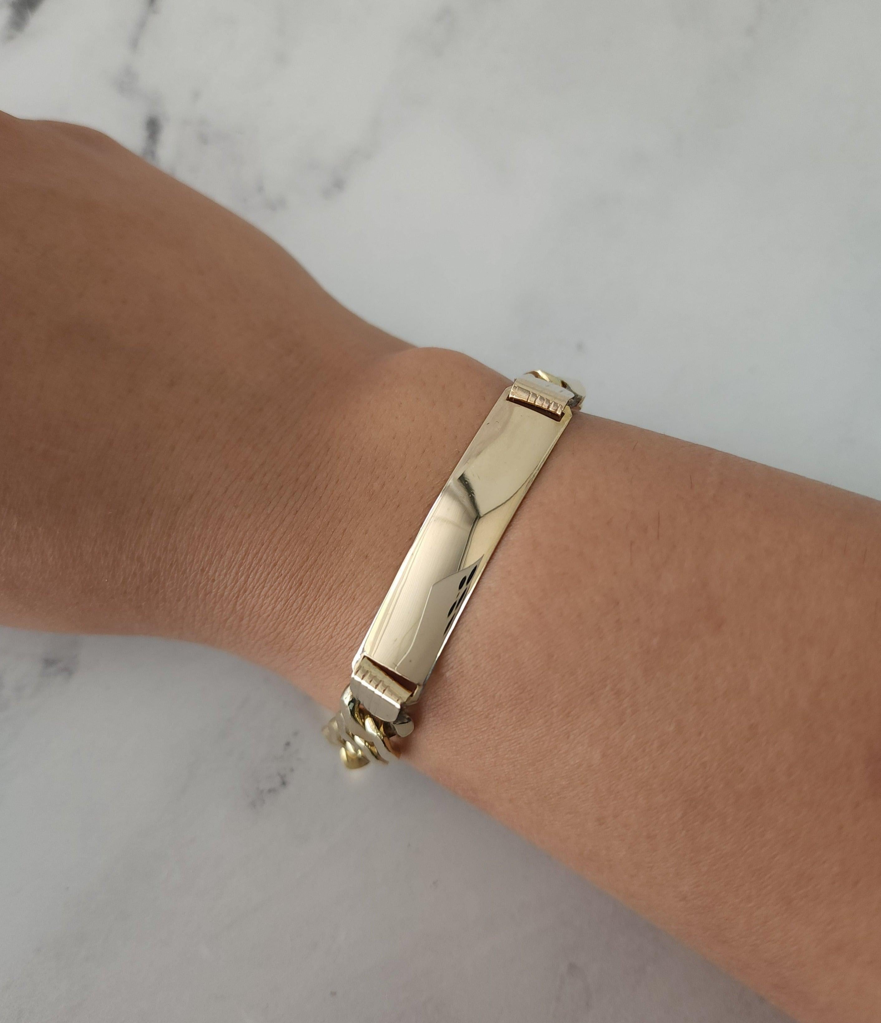 ♥ Resumen del producto ♥

Metal: Oro amarillo de 14 quilates 
Peso: 35 gramos 
Longitud: 8 pulgadas
Dimensiones: 10 mm x 45 mm

Oro macizo, no relleno ni chapado