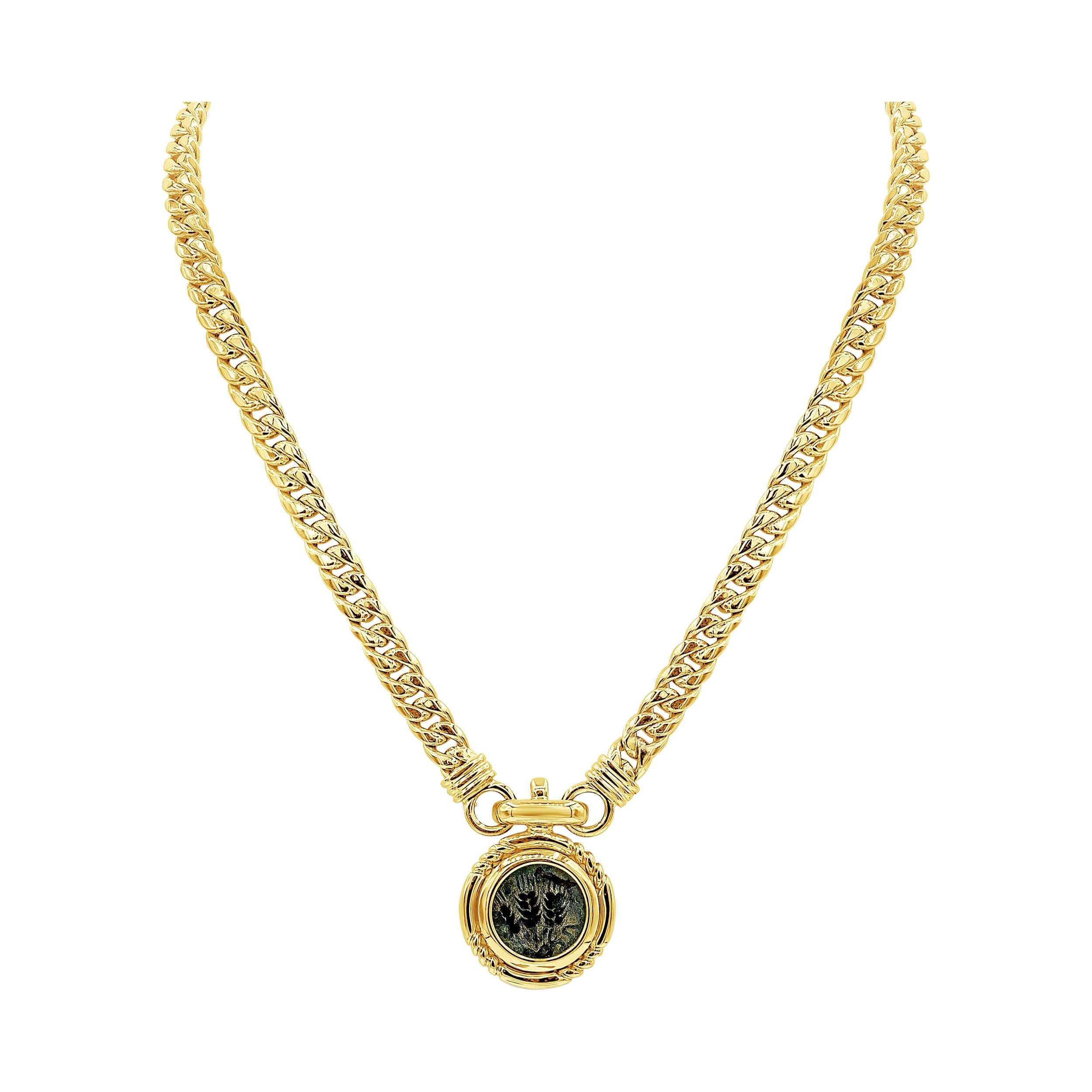 18k Yellow Gold Cuban Link Intaglio Hebrew Coin Medallion Link Necklace For Sale