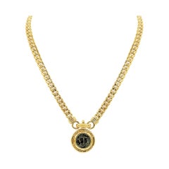 Retro 18k Yellow Gold Cuban Link Intaglio Hebrew Coin Medallion Link Necklace