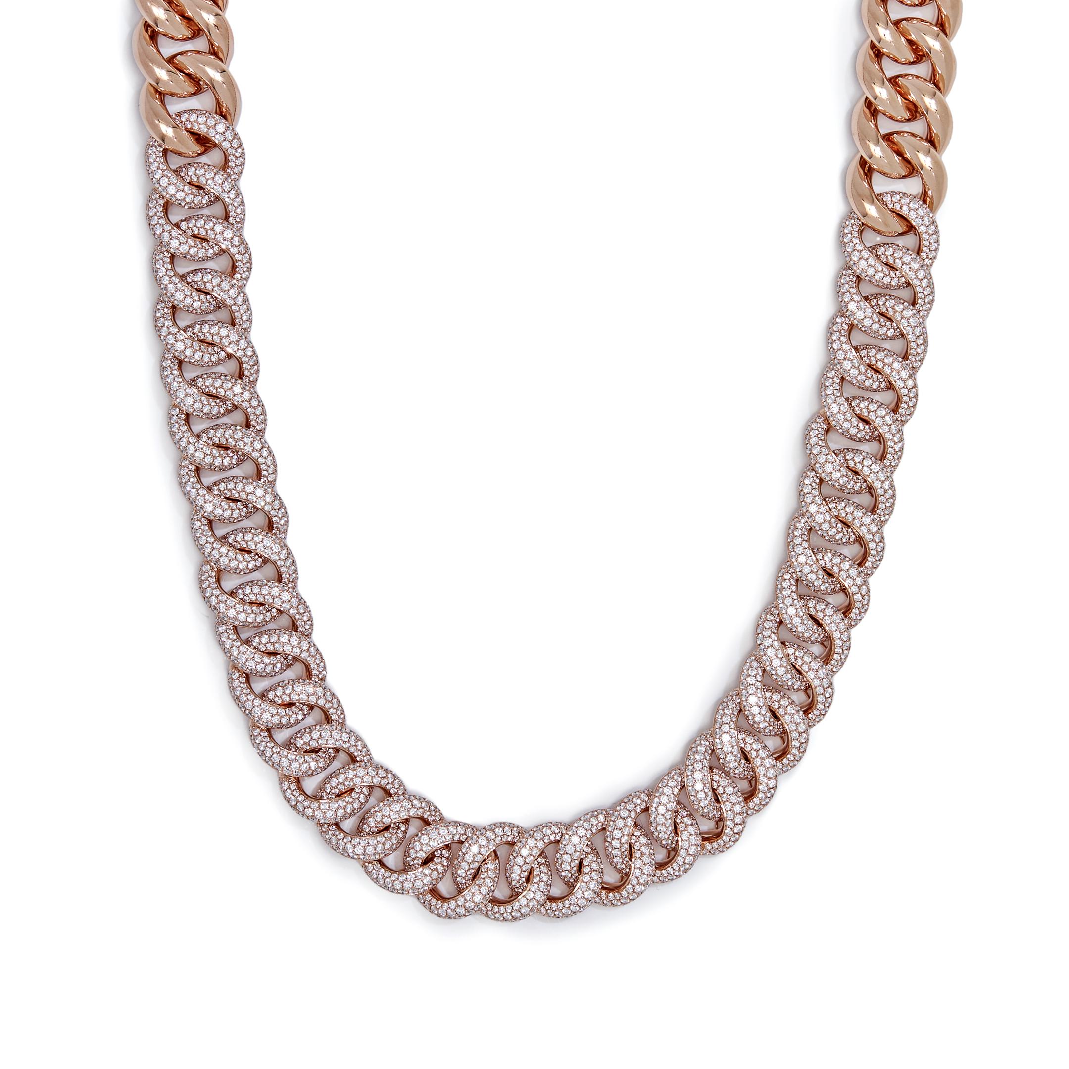 Cuban Link Rose Gold Half Pavé Diamond Necklace In New Condition For Sale In New York, NY