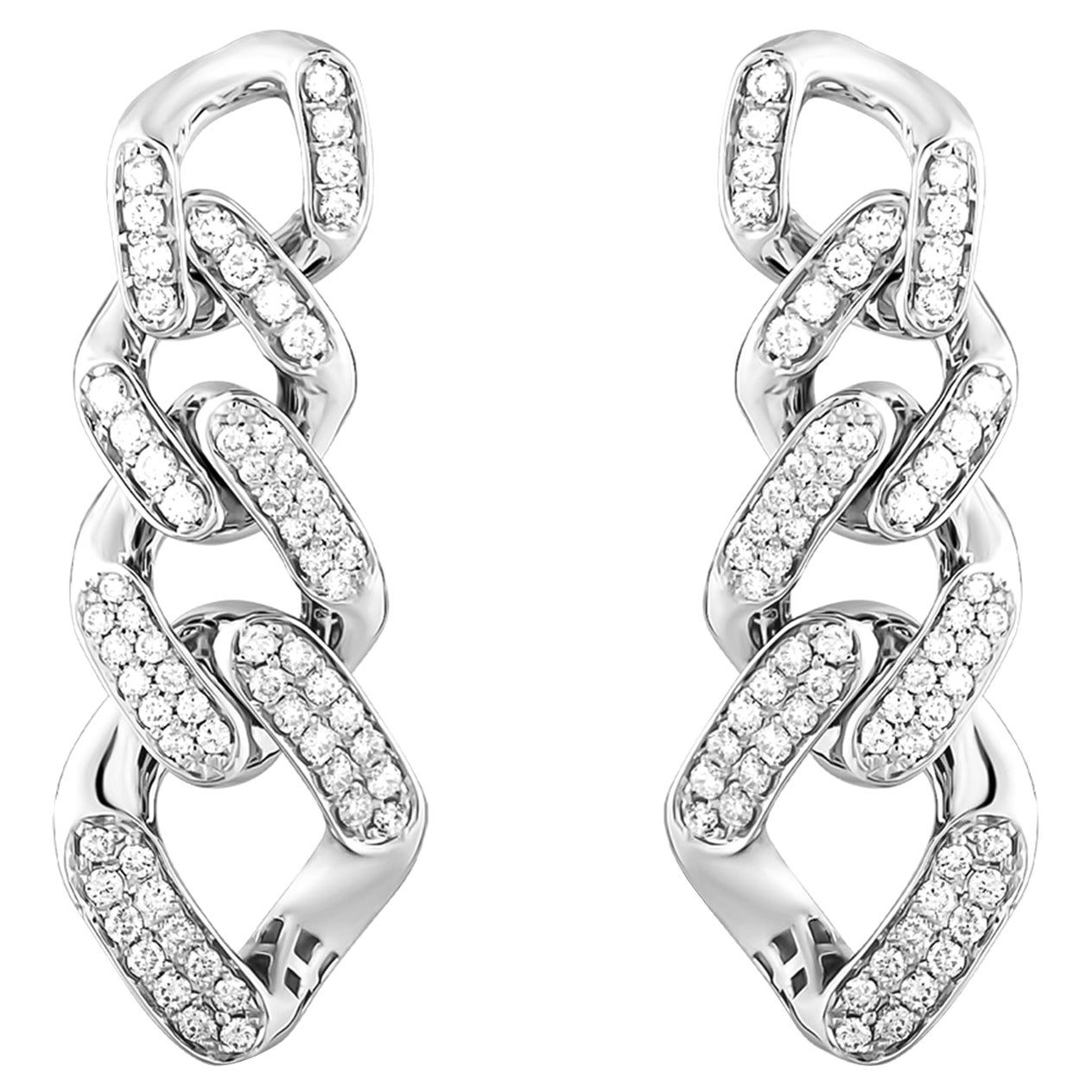 Cuban Tank Link Diamond 18K White Gold Earrings 1.78 Ctw. Round Cut Drop Earring For Sale
