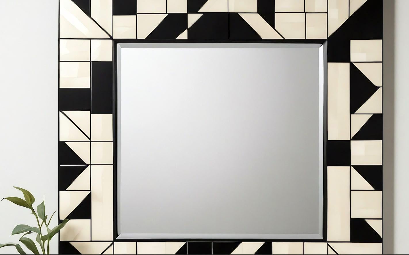 Cubo : Espejo de Pared Blanco y Negro Inspirado en el Cubismo, Hecho a Mano por Artesanos Indio en venta