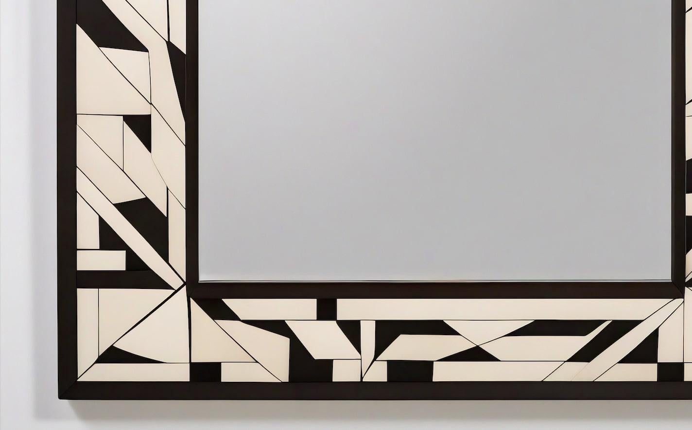 Intarsio Cube : Specchio da parete in bianco e nero ispirato al cubismo, realizzato a mano in modo artigianale in vendita