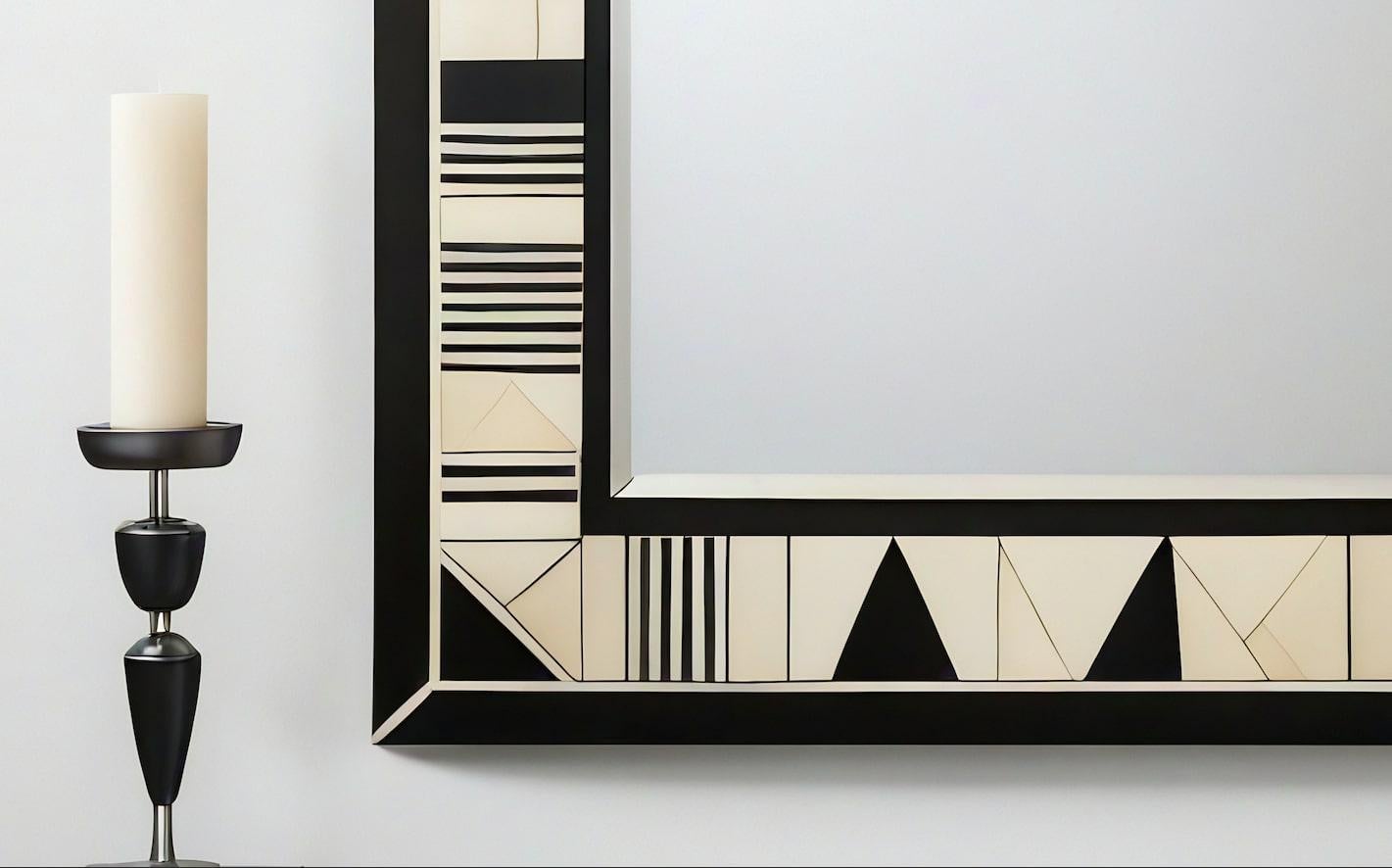 Incrusté Cube : Miroir mural noir et blanc inspiré du cubisme, fabriqué à la main par des artisans en vente