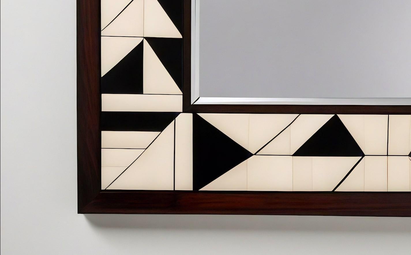 Incrusté Cube : Miroir mural noir et blanc inspiré du cubisme, fabriqué à la main par des artisans en vente