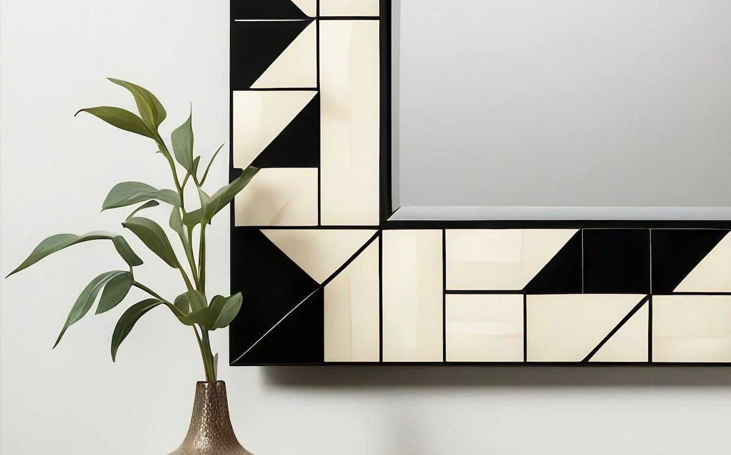 Cubo : Espejo de Pared Blanco y Negro Inspirado en el Cubismo, Hecho a Mano por Artesanos Incrustación en venta