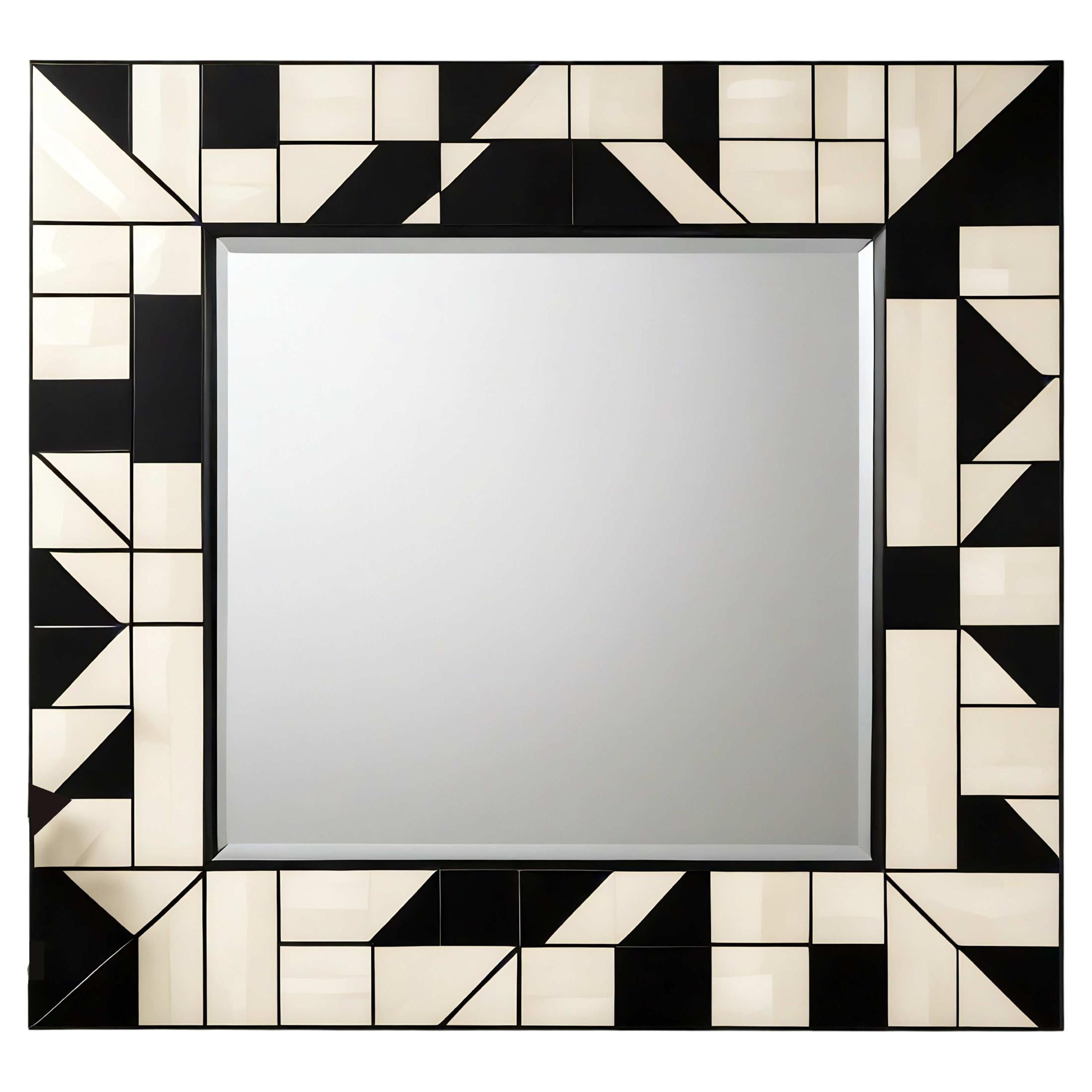 Cubo : Espejo de Pared Blanco y Negro Inspirado en el Cubismo, Hecho a Mano por Artesanos