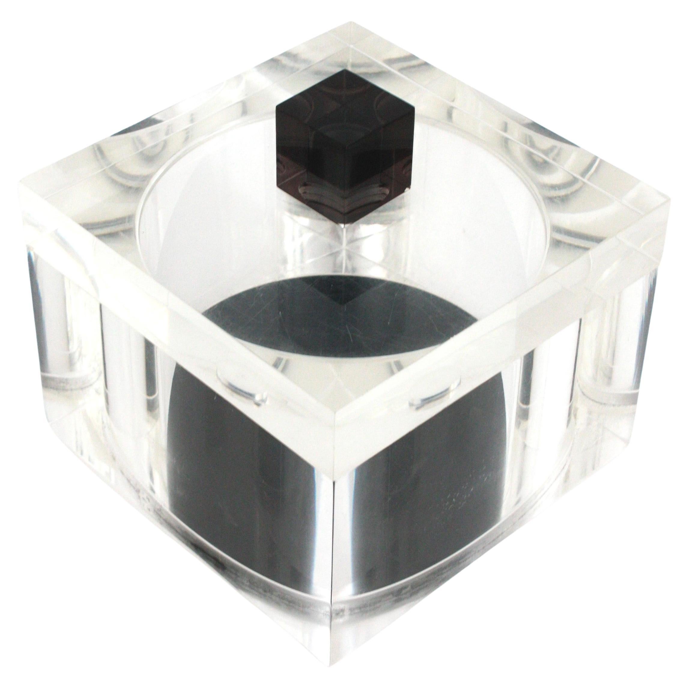Caja decorativa cúbica de lucita transparente y negra, 1970 en venta