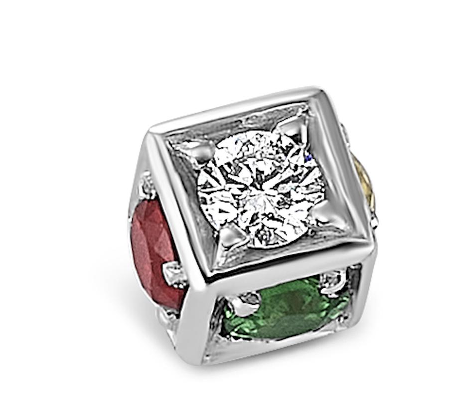 Faro collection single cube stud earrings in 18K white gold with yellow, red, and blue sapphires, tsavorite, and white diamonds
