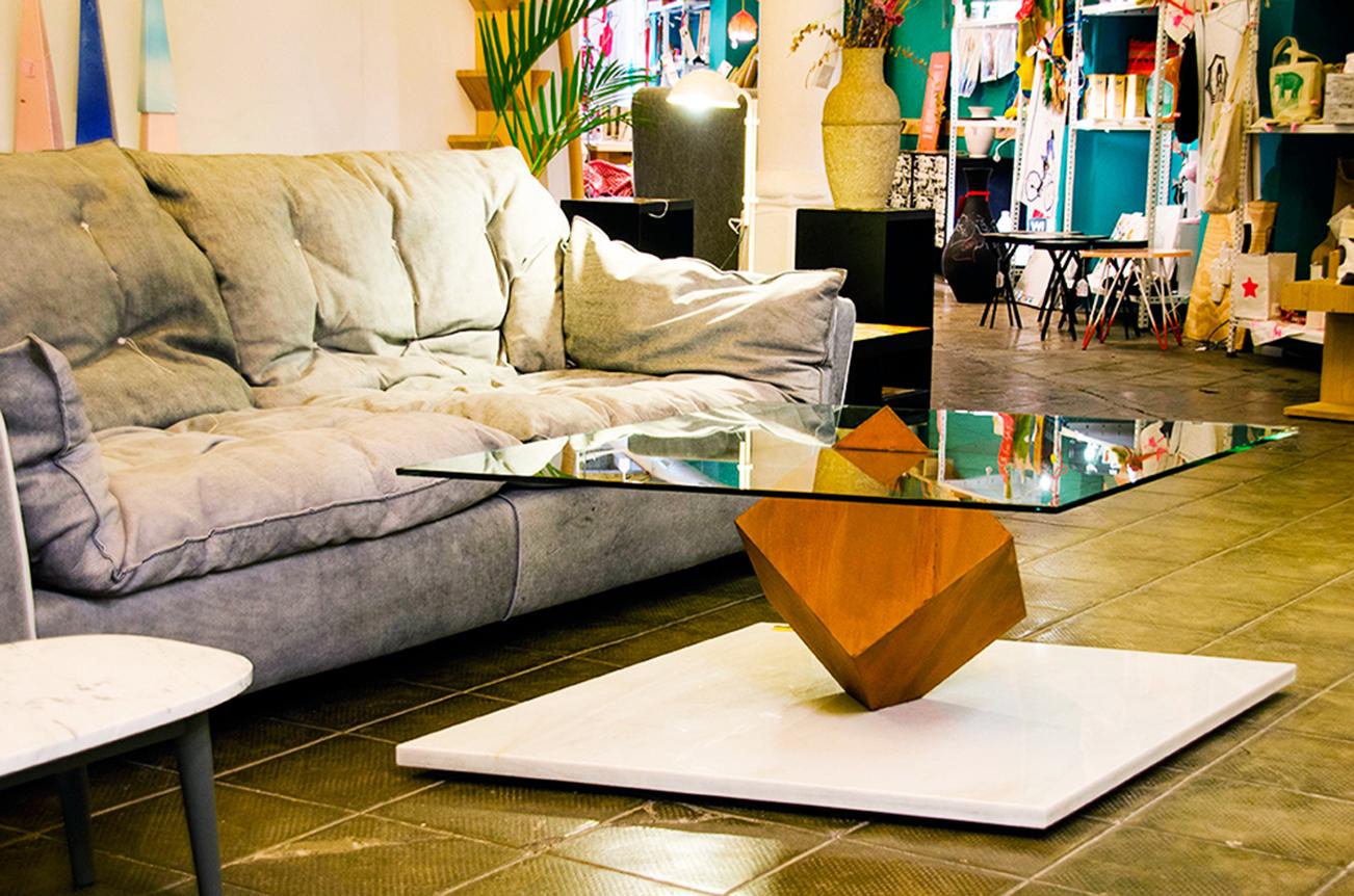 International Style Cube Essentia Contemporary Design Centre Table, Corten, Glass and White Marble