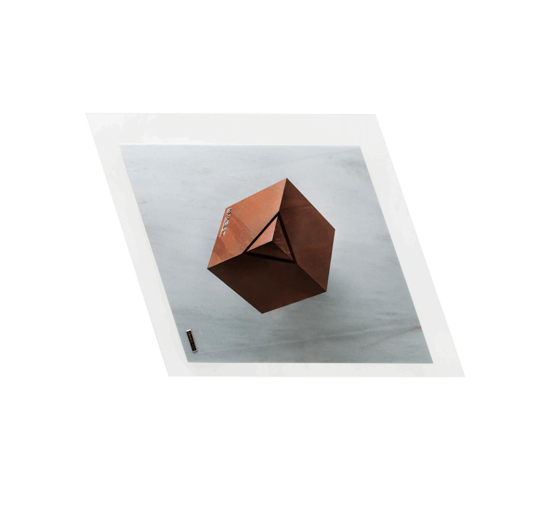 Stainless Steel Cube Essentia Contemporary Design Centre Table, Corten, Glass and White Marble