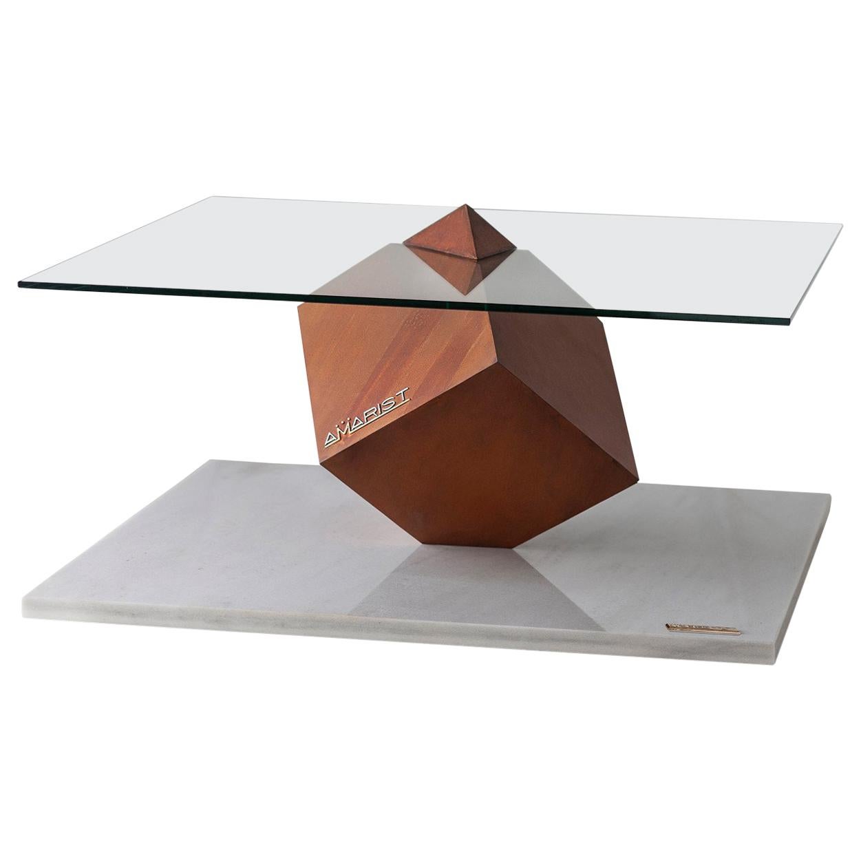 Cube Essentia Contemporary Design Centre Table, Corten, Glass and White Marble