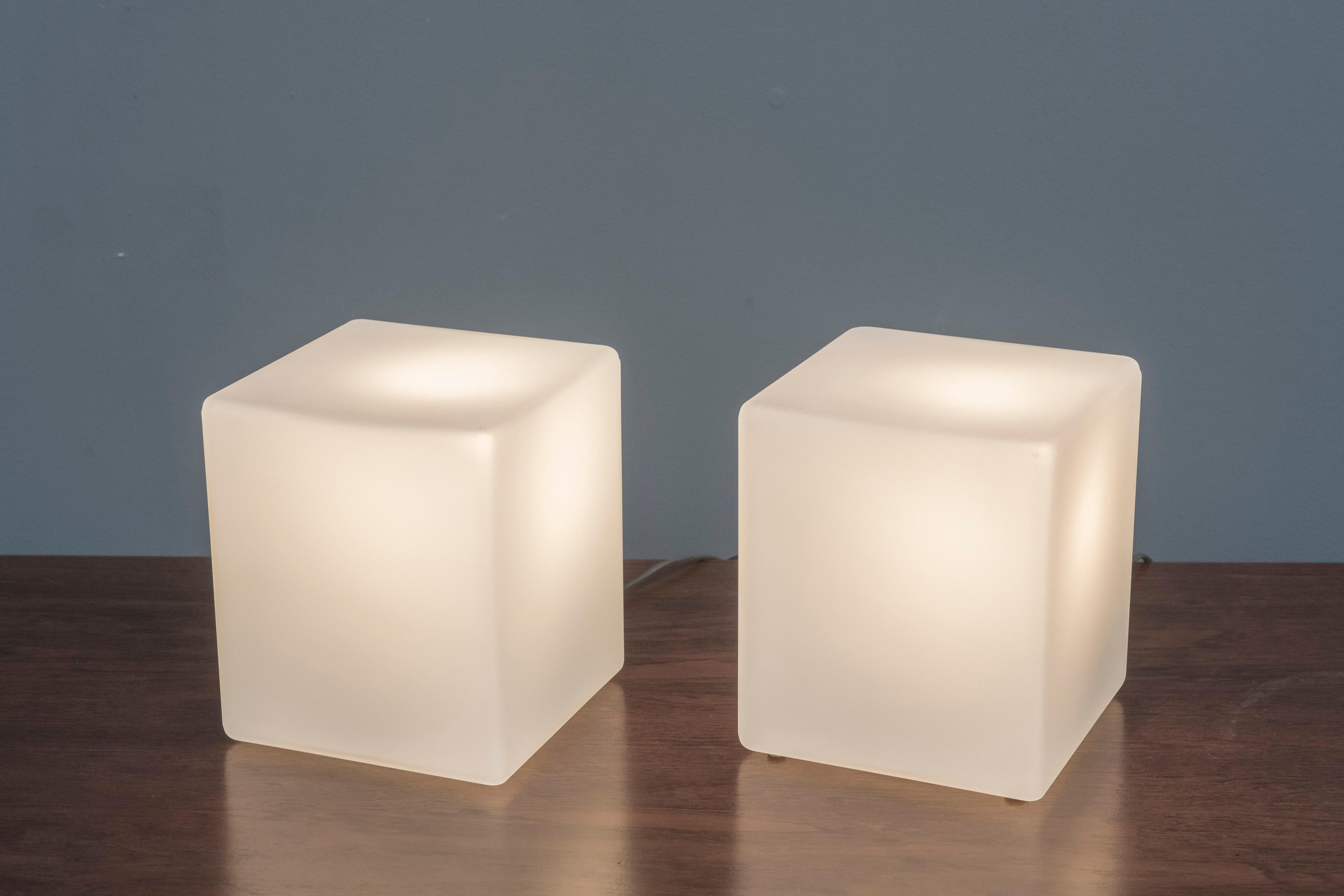 Pair of frosted glass cube form table lamps by Laurel Lamp Company, labeled.