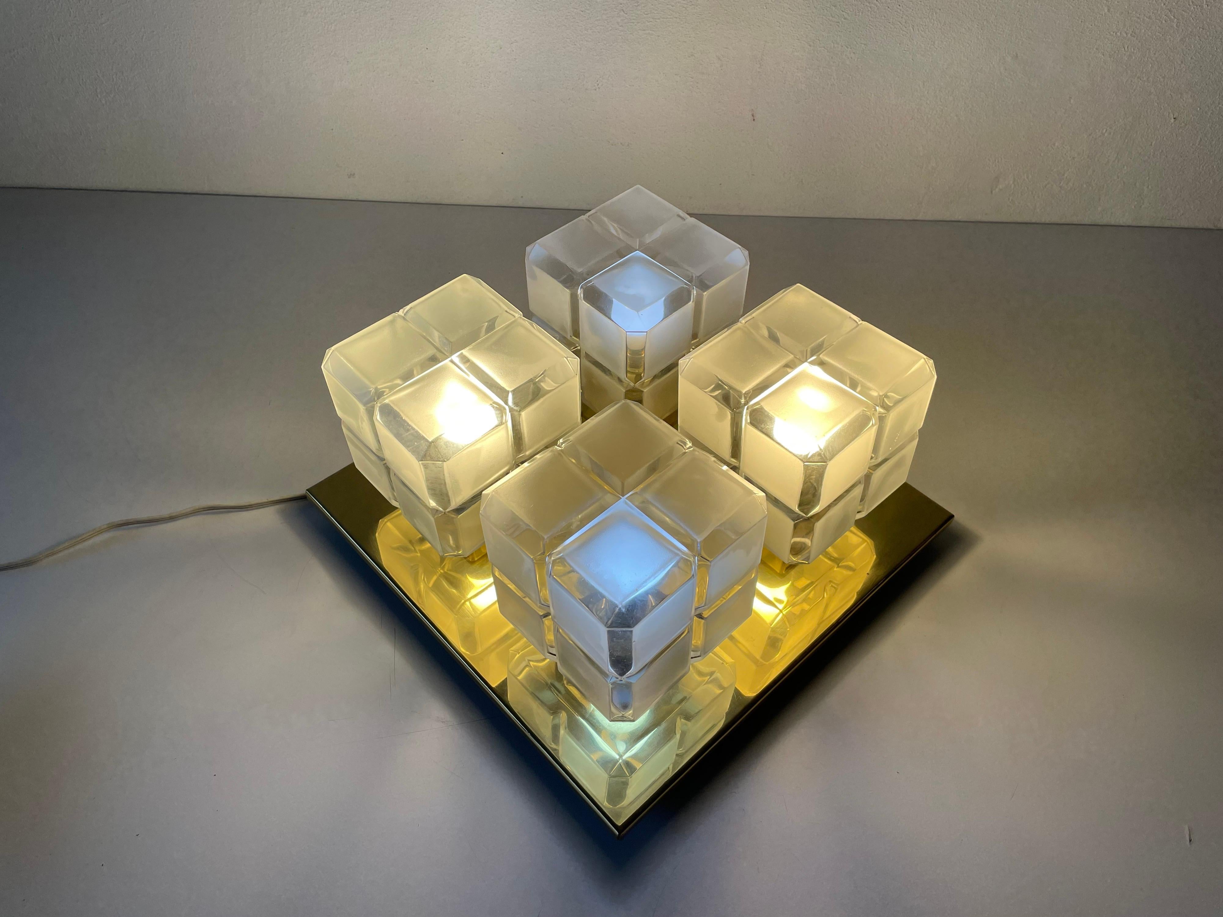 Cube Glass and Brass Flush Mount Light by Kalmar Leuchten, 1960s, Germany For Sale 6