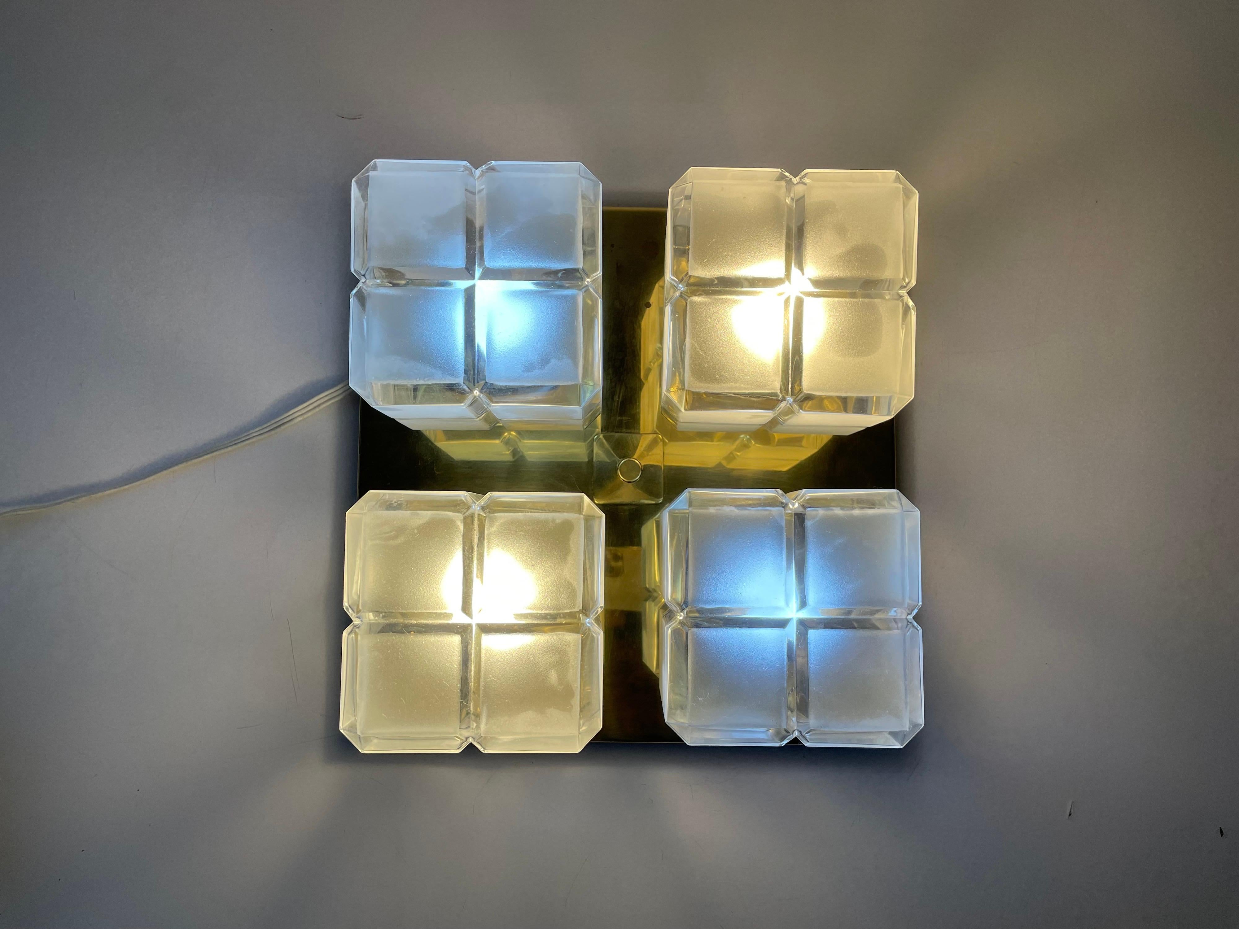 Cube Glass and Brass Flush Mount Light by Kalmar Leuchten, 1960s, Germany For Sale 8