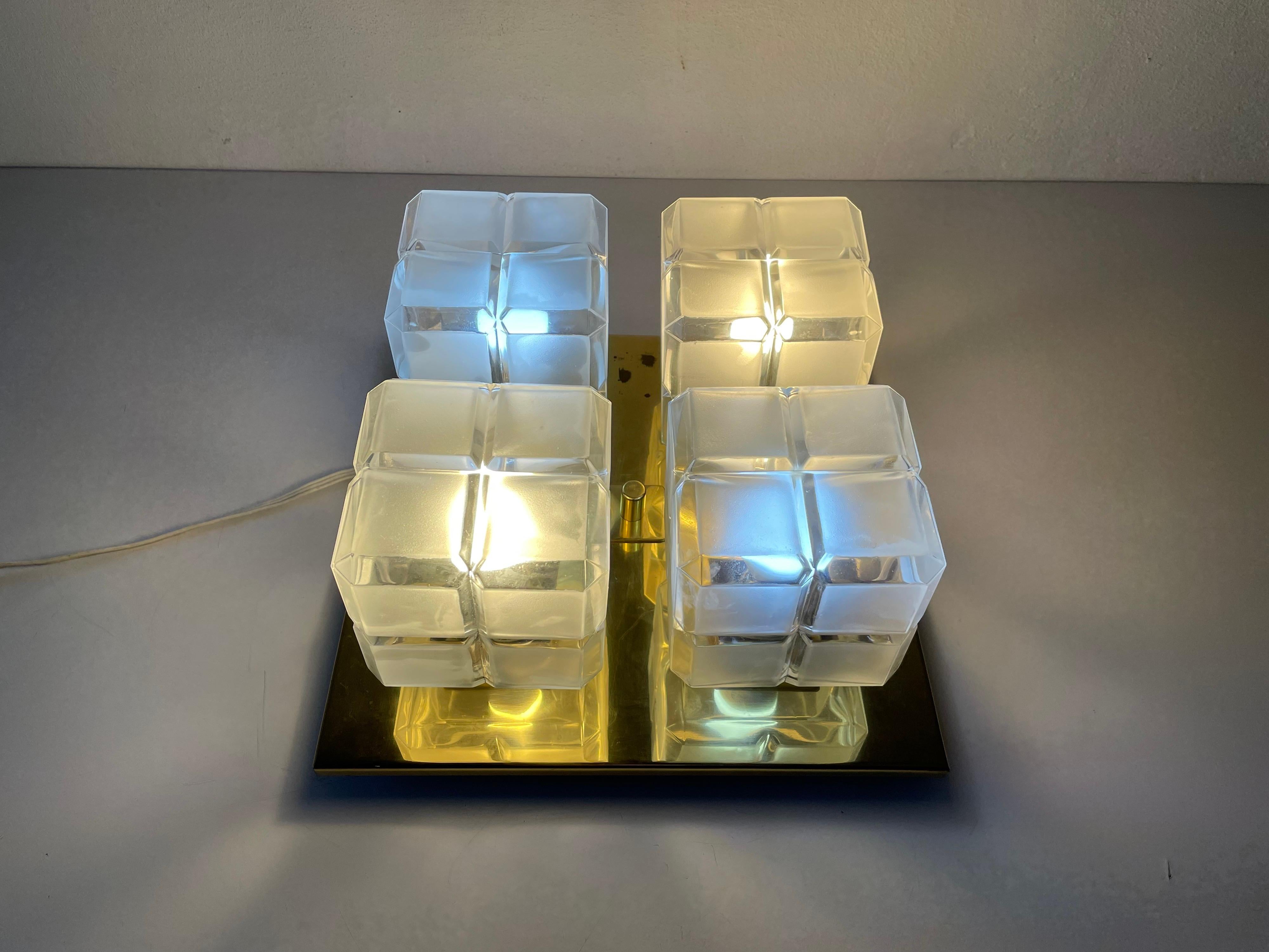 Cube Glass and Brass Flush Mount Light by Kalmar Leuchten, 1960s, Germany For Sale 9