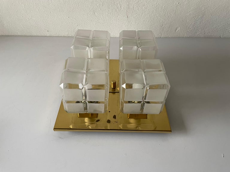 Cube Glass and Brass Flush Mount Light by Kalmar Leuchten, 1960s