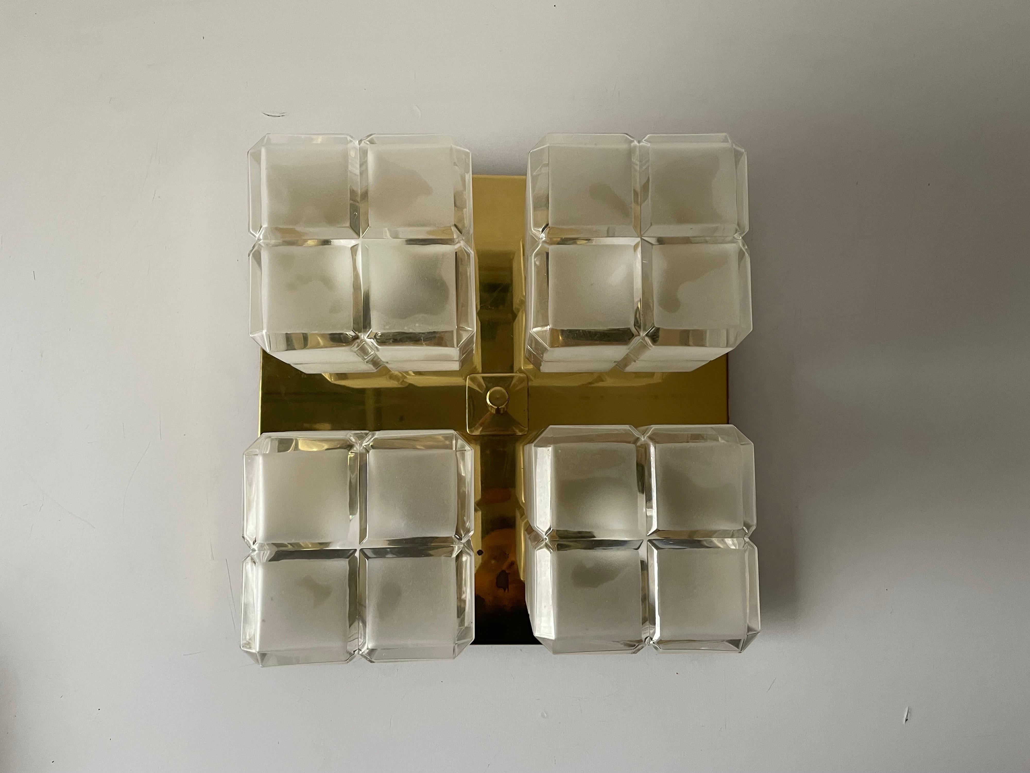 Mid-Century Modern Cube Glass and Brass Flush Mount Light by Kalmar Leuchten, 1960s, Germany For Sale