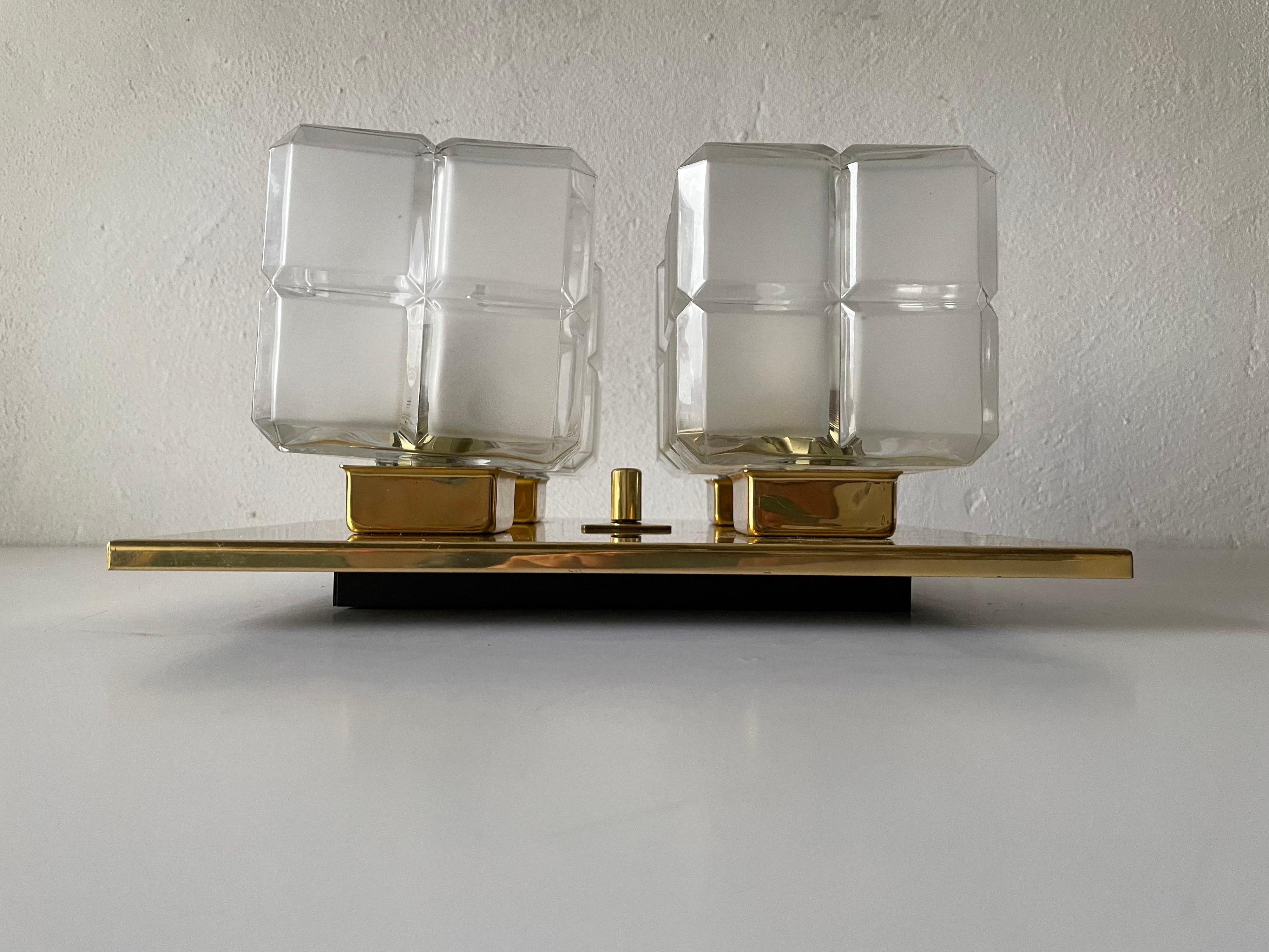 Mid-20th Century Cube Glass and Brass Flush Mount Light by Kalmar Leuchten, 1960s, Germany For Sale